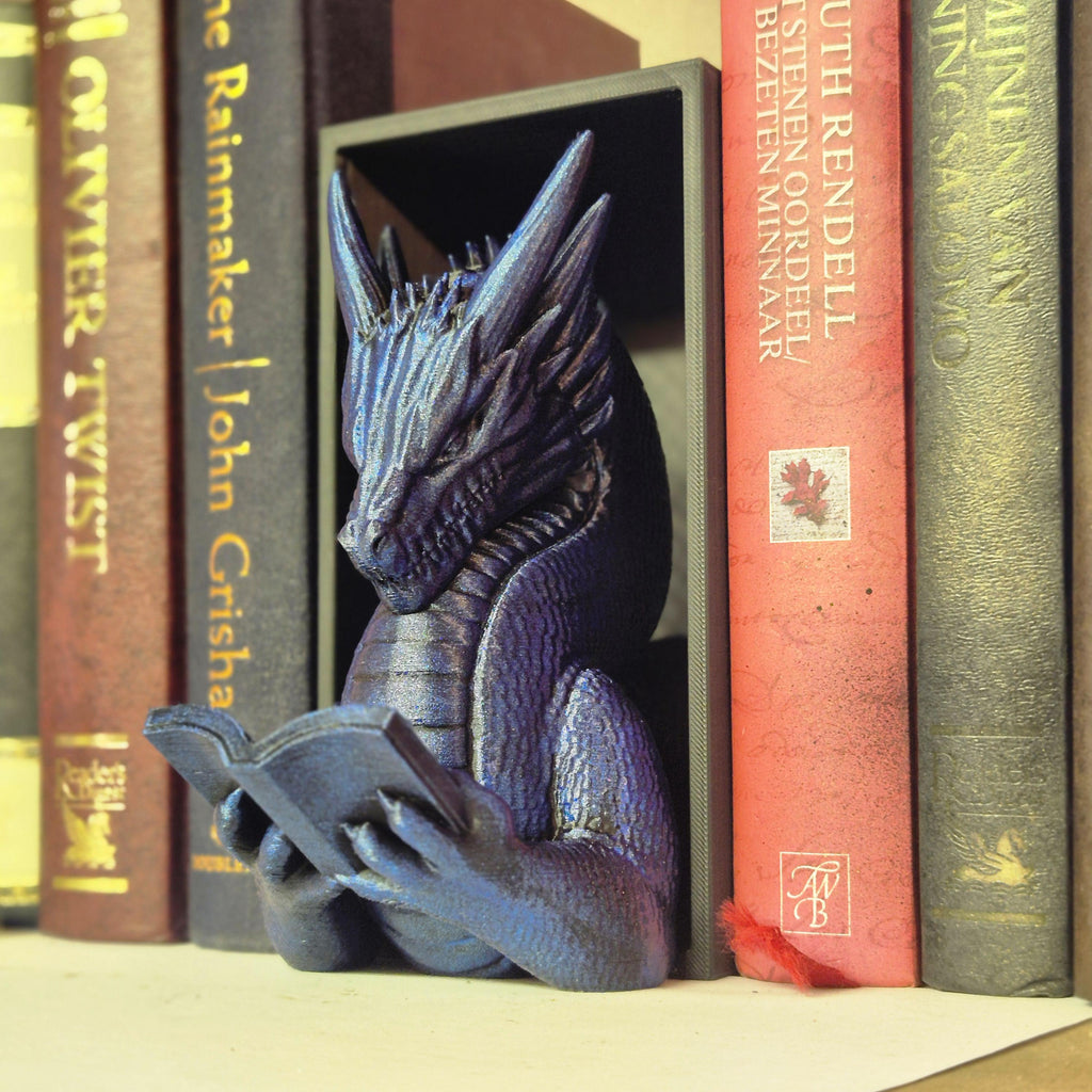Blue reading dragon book nook - fantasy bookshelf decor onyxstorm forthwing
