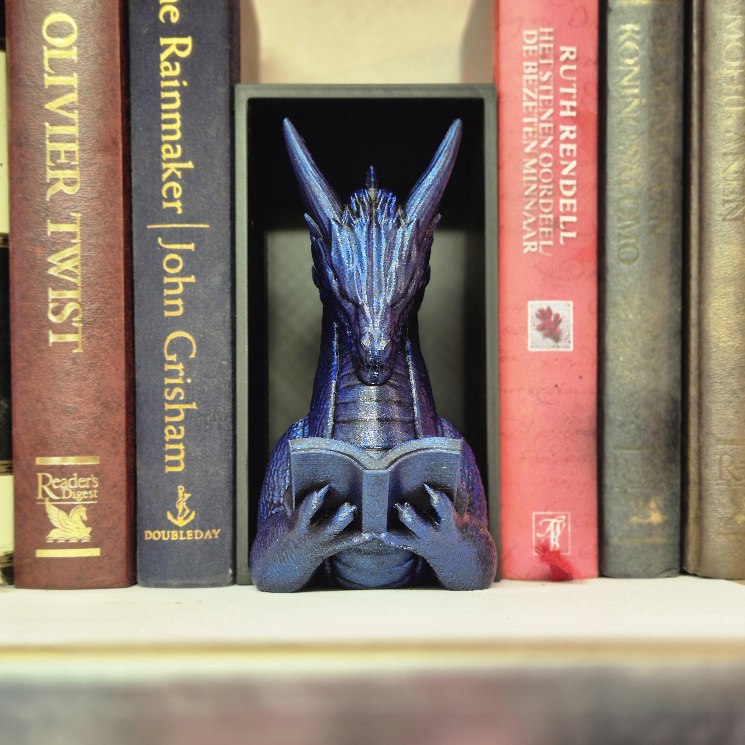 Blue reading dragon book nook - fantasy bookshelf decor onyxstorm forthwing