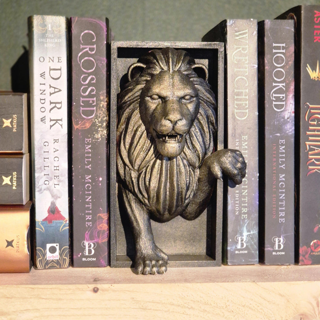 Einzigartige handgefertigte Löwen-Buchecke | Mystische Löwen-Buchstütze | Fantasy-Bücherregal-Dekor