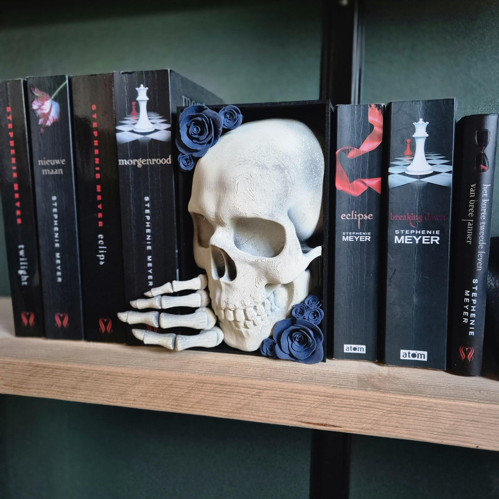 Bücherecke Totenkopf mit Blumen - Bücherregal Fantasy Vampir Deko Geschenk