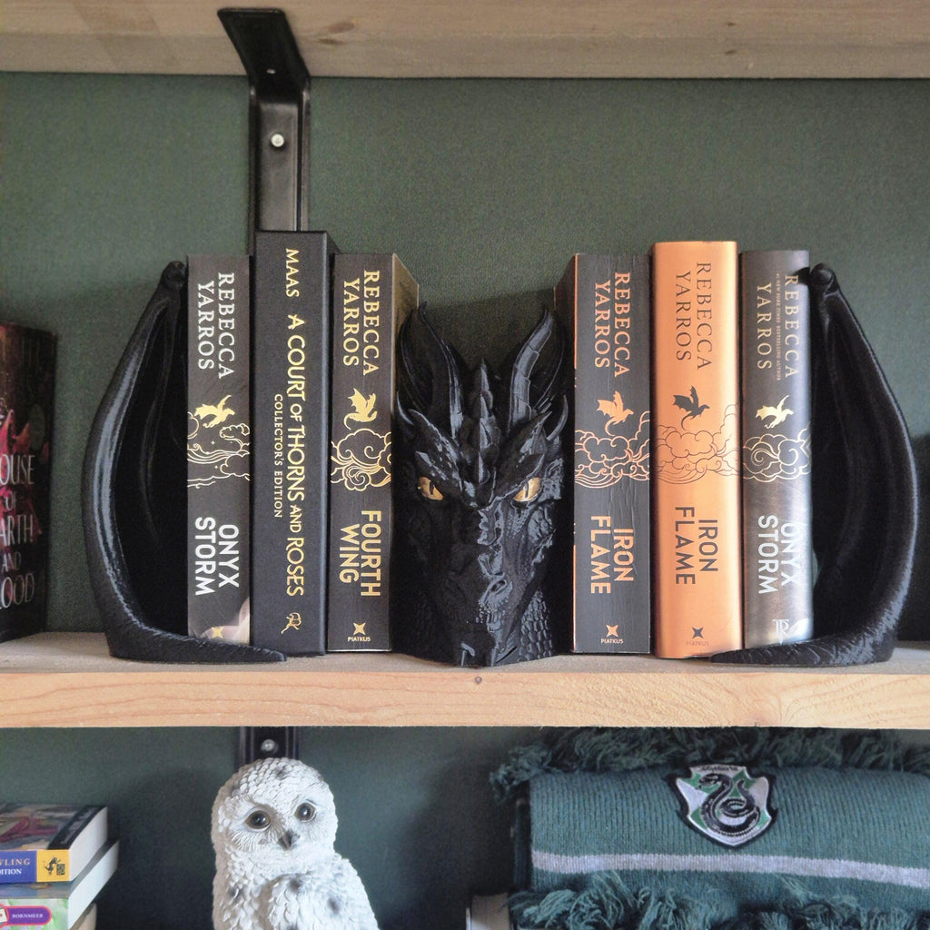 Black Dragon Head and Wings Bookends - Fantasy Set forth Onyxstorm Decor Gift