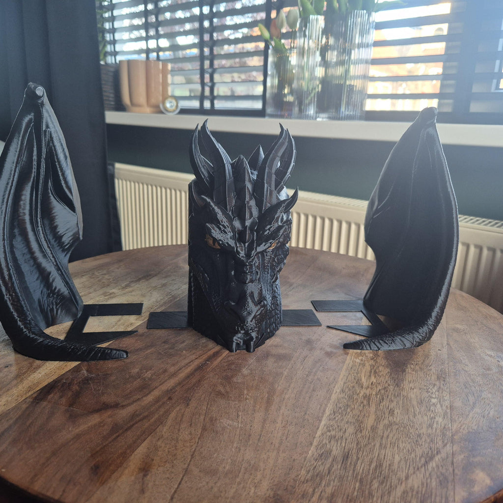 Black Dragon Head and Wings Bookends - Fantasy Set forth Onyxstorm Decor Gift
