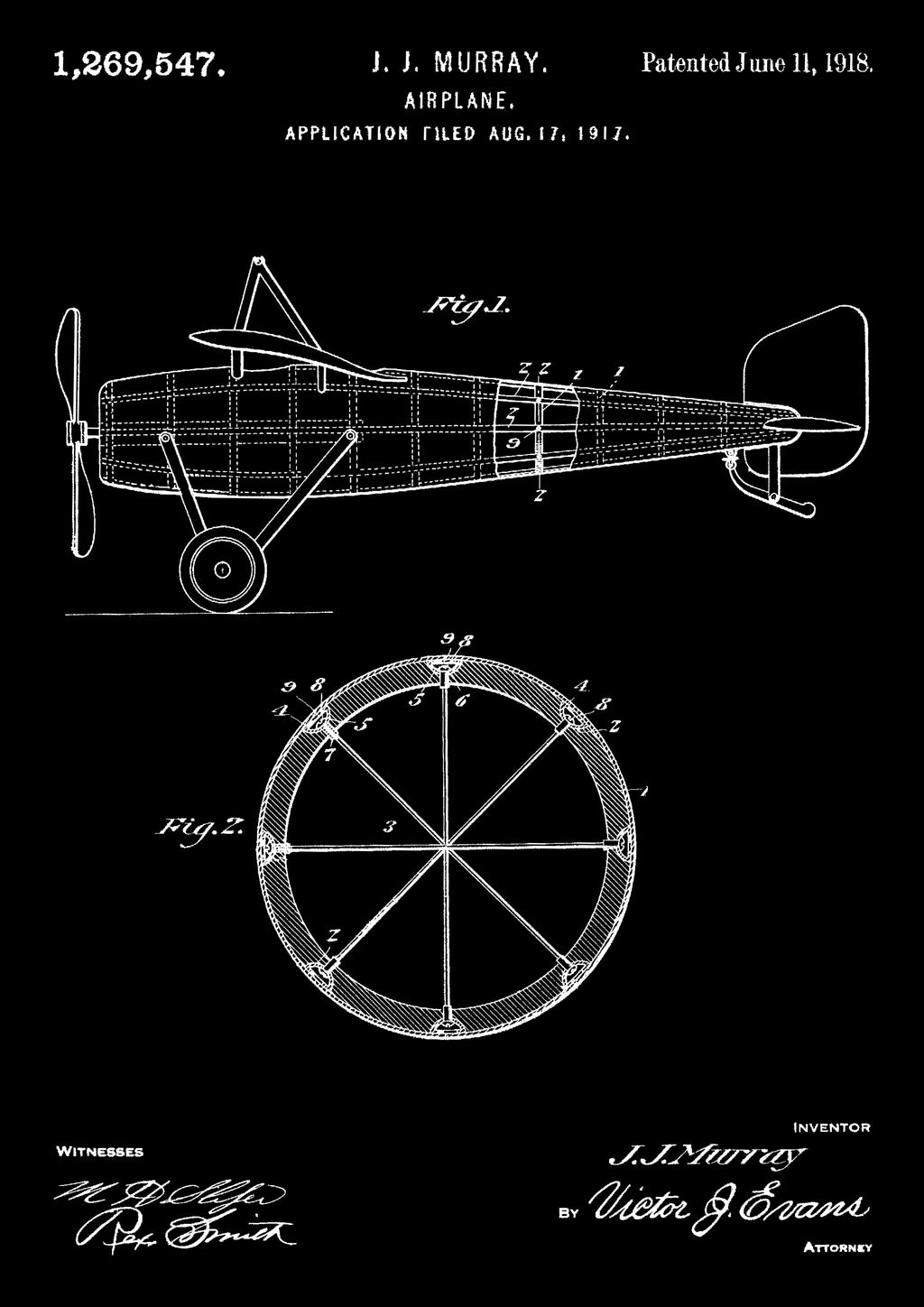 Vintage Airplane Patent Poster 1918 Blueprint