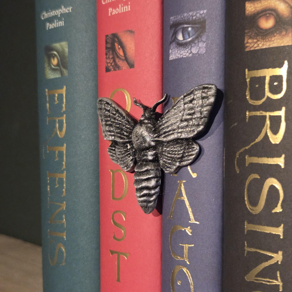 Silver moth Spinehugger – Fantasy Companion That Wraps Around the Back of your book | Fantasy Bookshelf Guardian