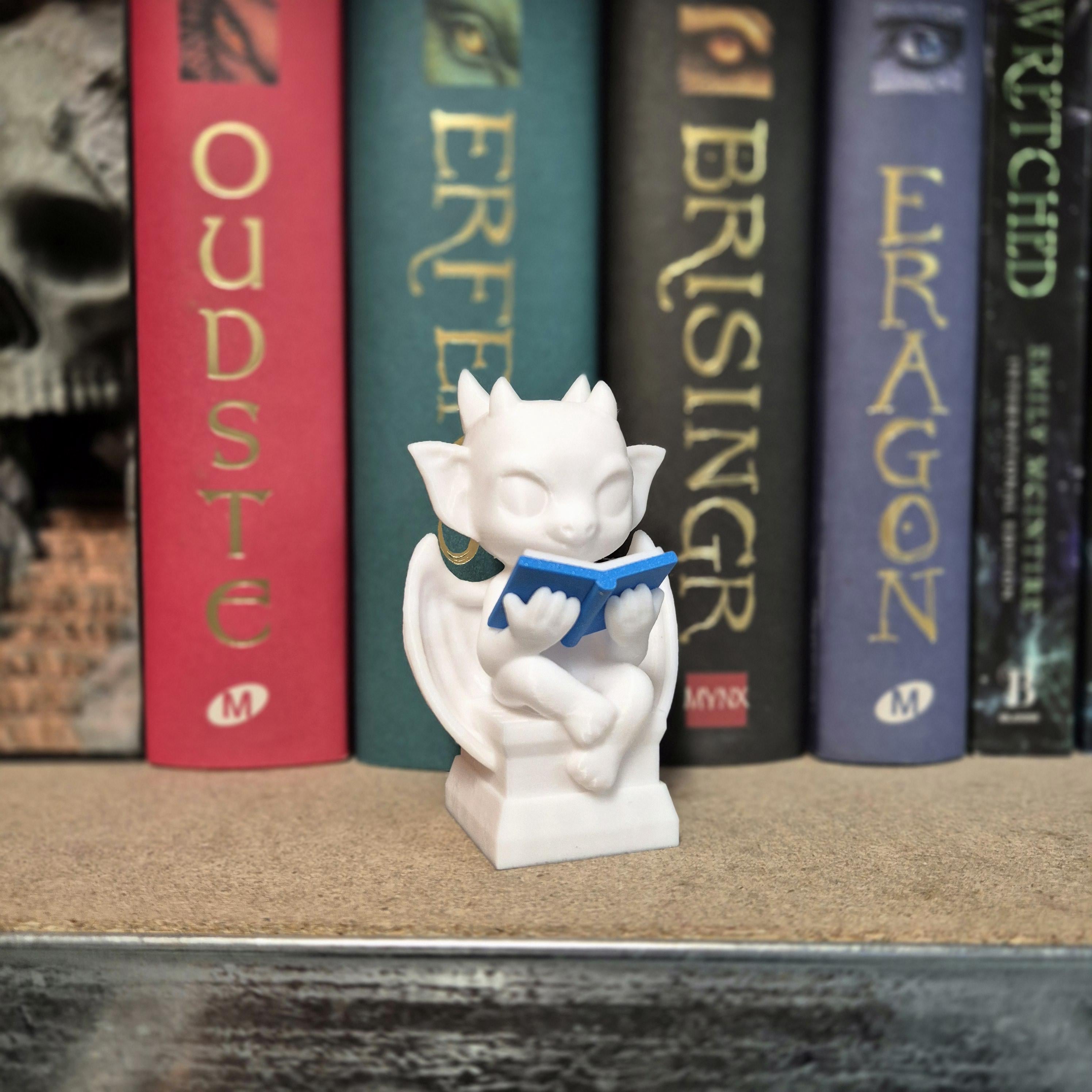 Chibi Reading Gargoyle Bookshelf Decor - Cute Spooky Figure - Bookish Decor