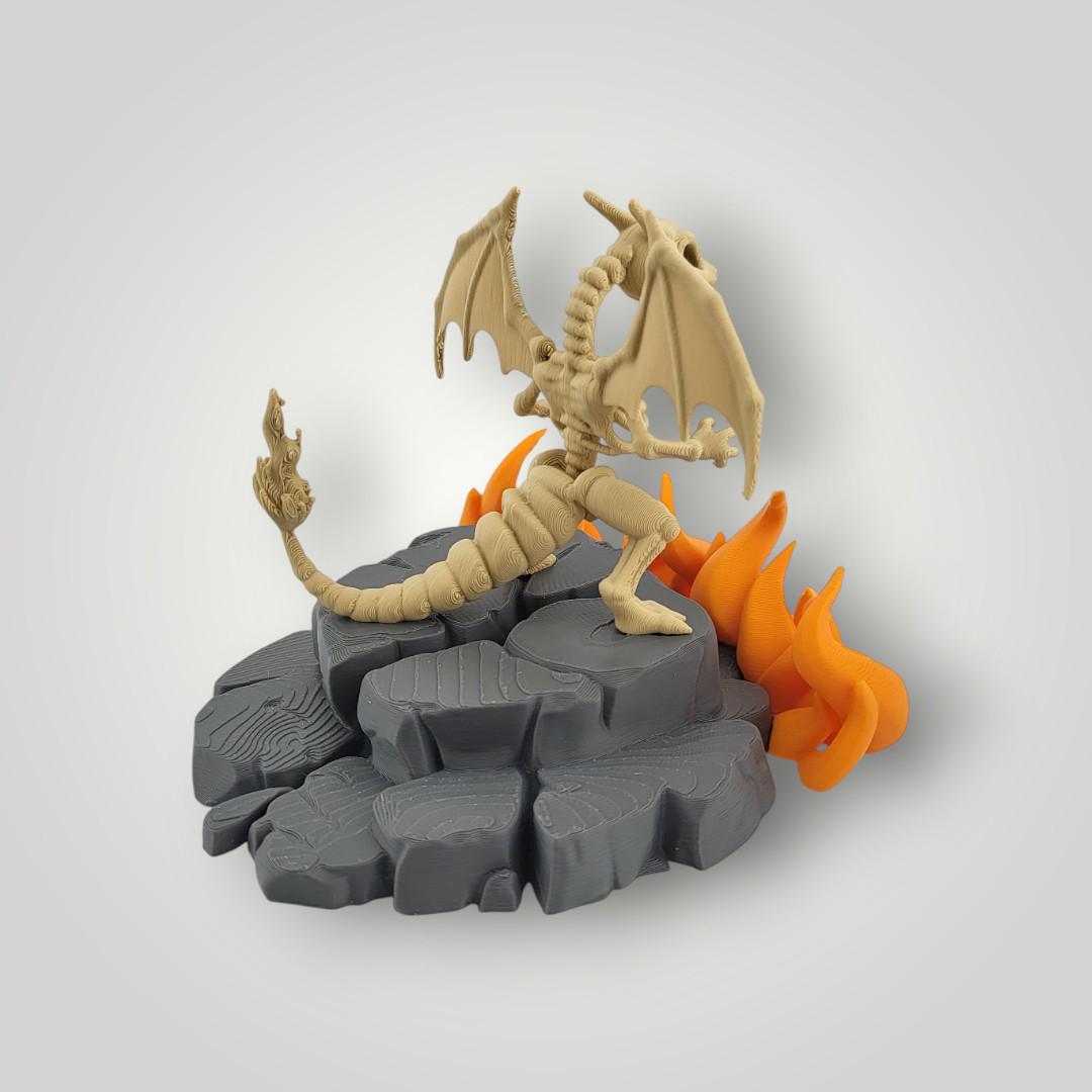 Skeleton Dragon Figurine – Fantasy Display | Fire & Lava Base | Tabletop / Shelf Decor