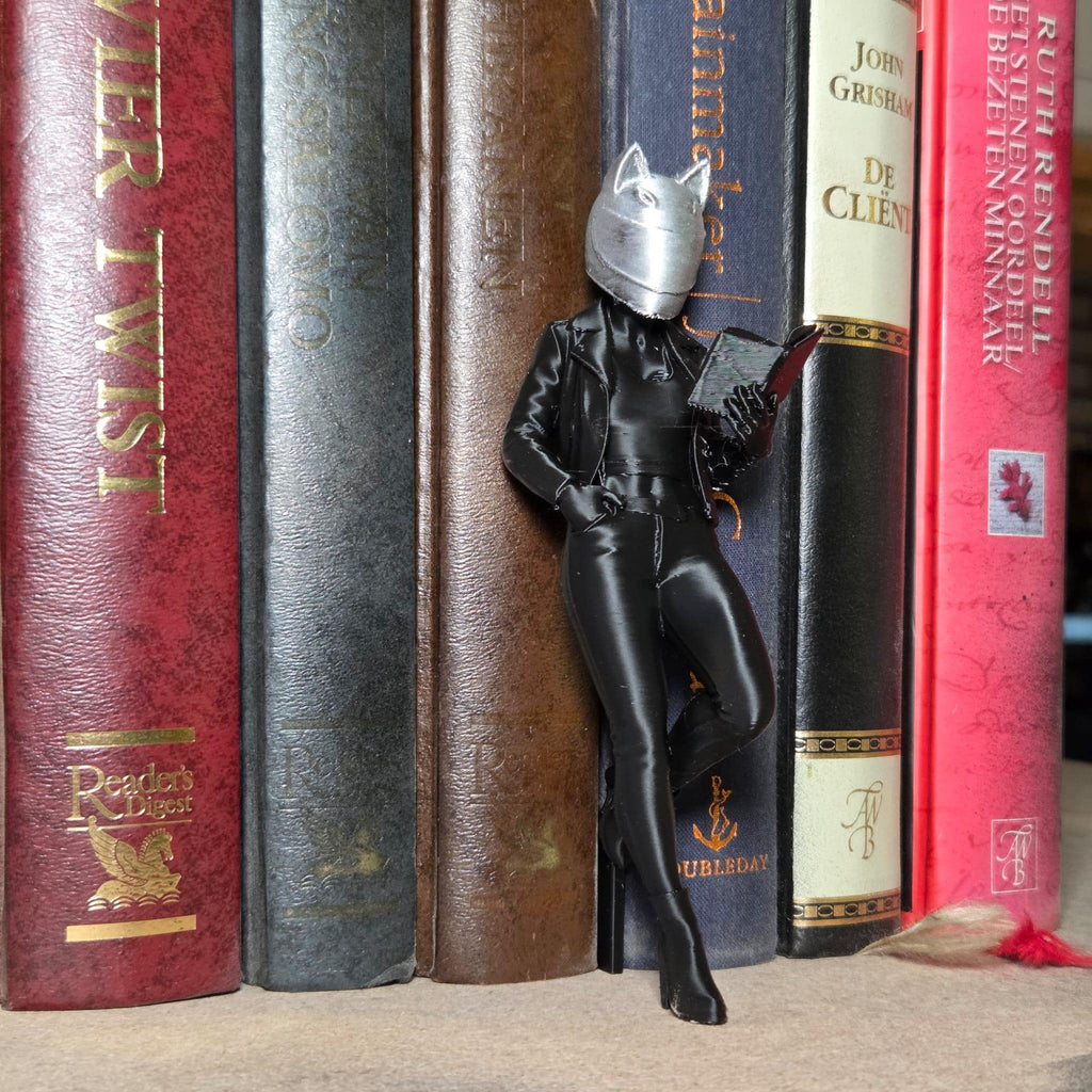 Mysterious Masked biker Reader Figurine – Dark Fantasy Miniature – Bookshelf Decor for Book Lovers – Gothic Home Decor