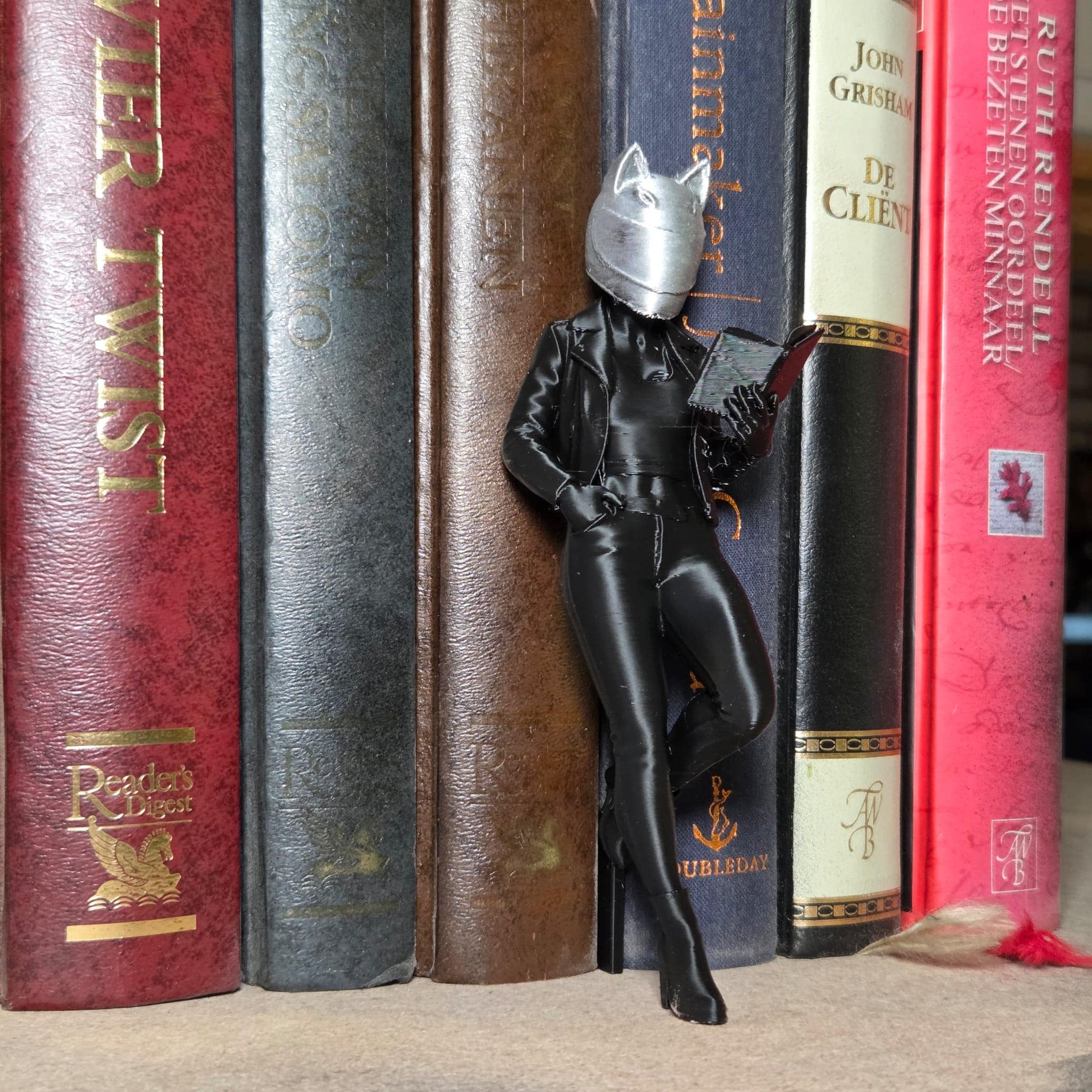 Mysterious Masked biker Reader Figurine – Dark Fantasy Miniature – Bookshelf Decor for Book Lovers – Gothic Home Decor