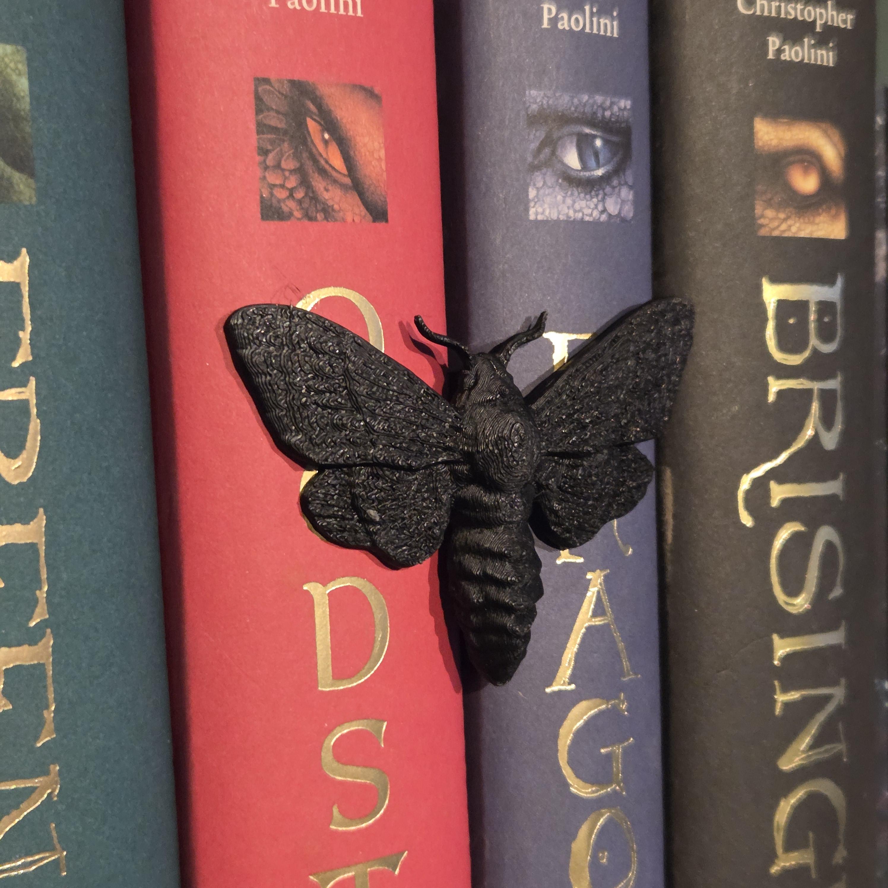 Schwarzmotte Buchumarmung – Fantasy-Begleiter, der sich um den Rücken deines Buches schmiegt | Fantasy-Bücherregal-Wächter