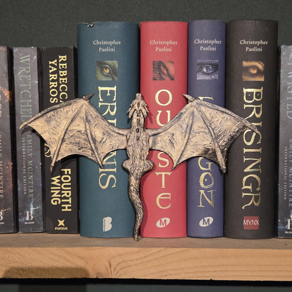 Schwarzer Drache Spinehugger – Fantasy-Begleiter, der sich um den Rücken Ihres Buches schmiegt | Fantasy-Bücherregal-Wächter