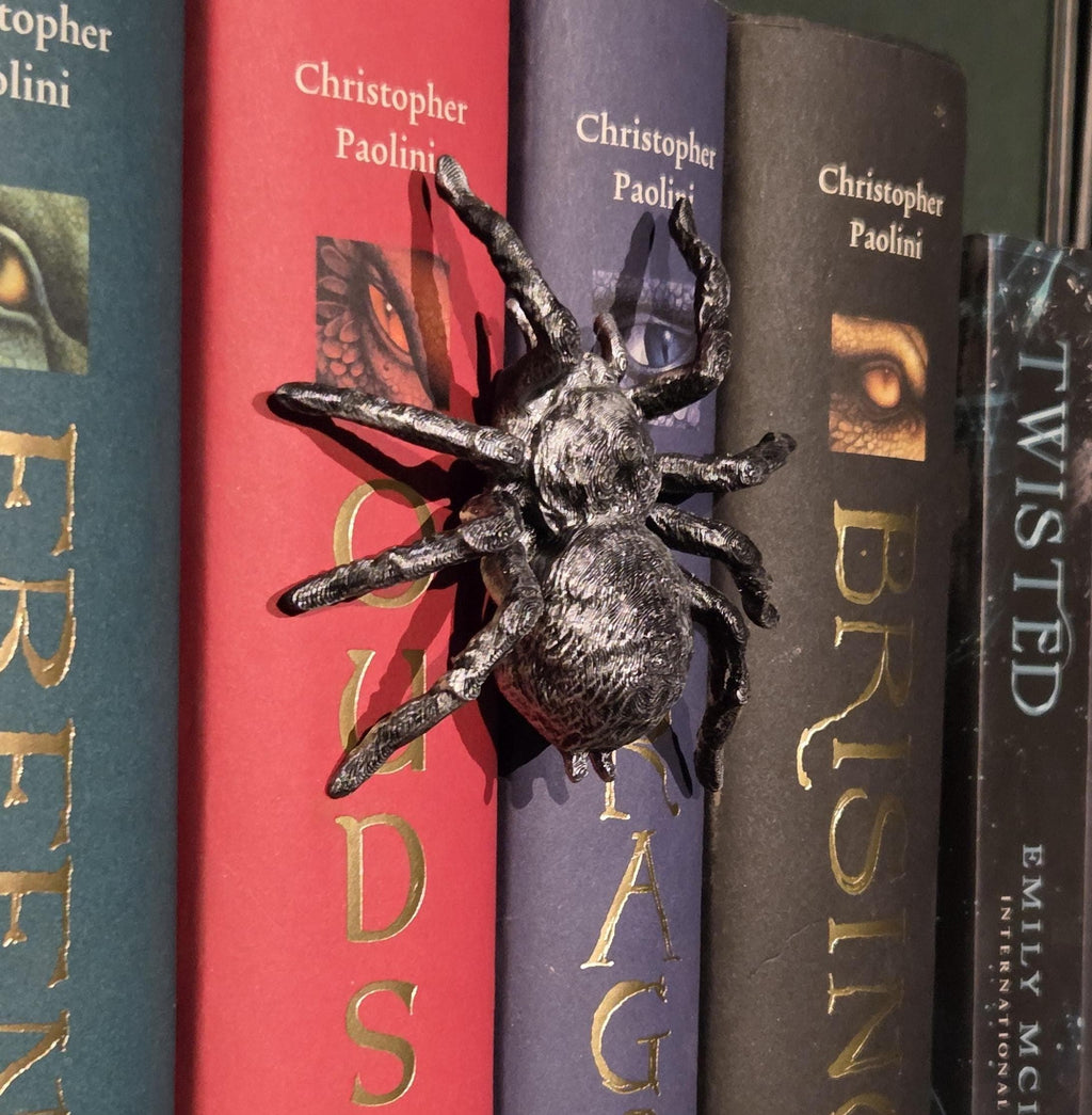 Silberspinne Spinehugger – Fantasy-Begleiter, der sich um den Buchrücken schmiegt | Fantasy-Bücherregal-Wächter