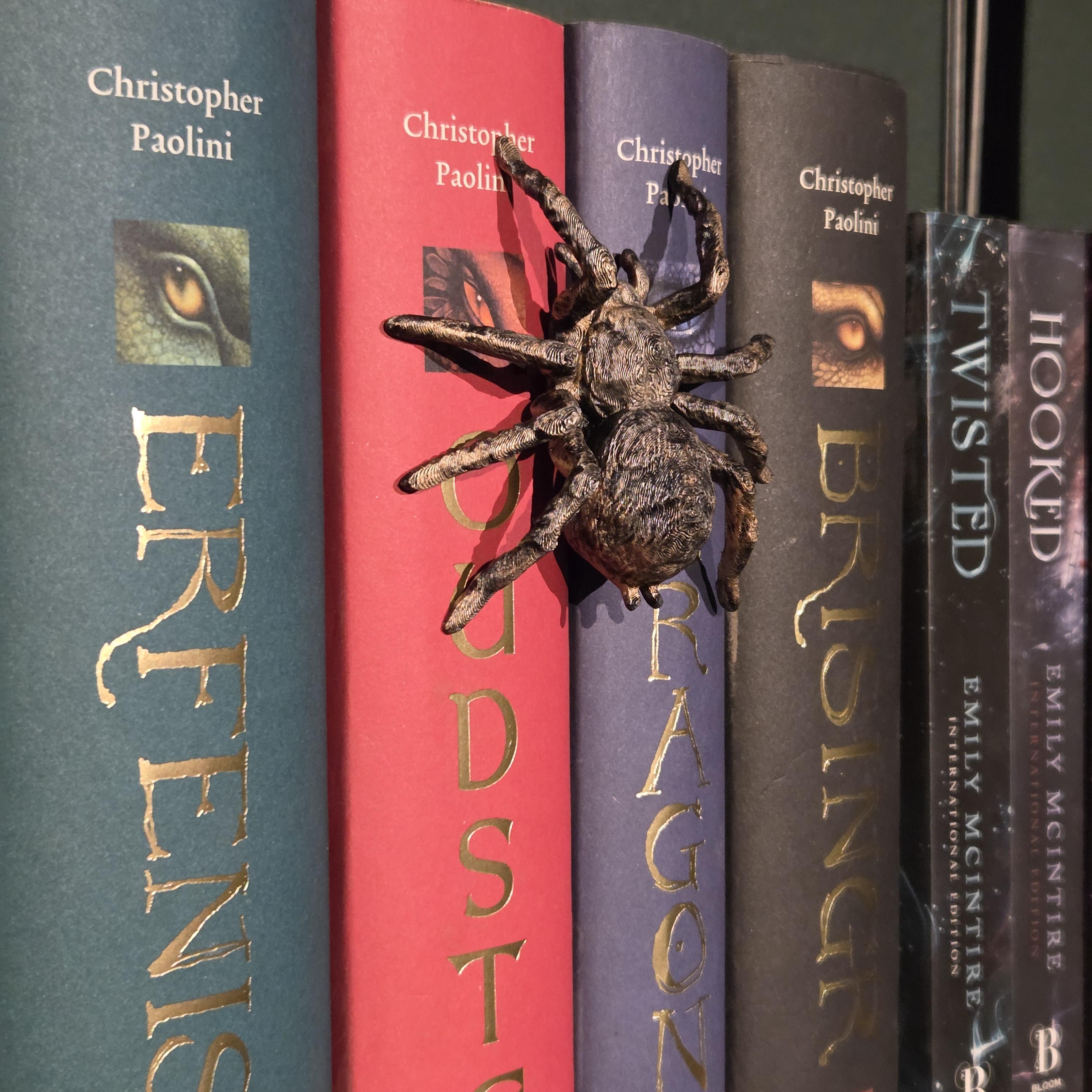 Silberspinne Spinehugger – Fantasy-Begleiter, der sich um den Buchrücken schmiegt | Fantasy-Bücherregal-Wächter