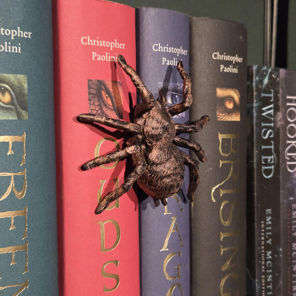 Bronze Spinne Wirbelsäulenumschlinger – Fantasy-Begleiter, der sich um den Buchrücken wickelt | Fantasy-Bücherregalwächter