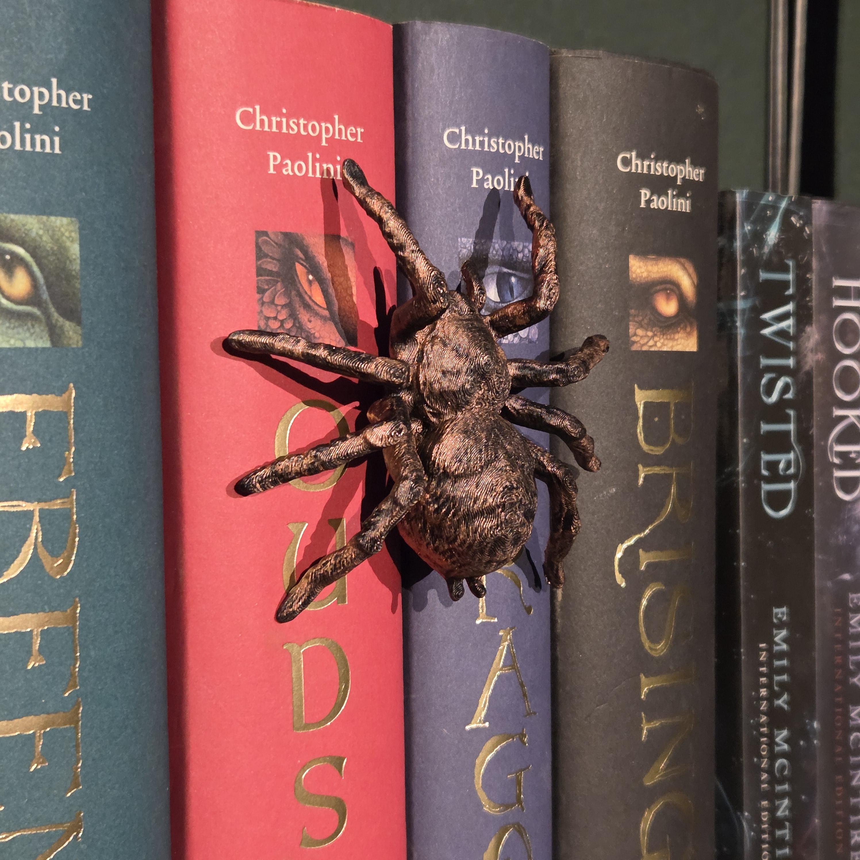 Schwarze Spinnte Spinehugger – Fantasy-Gefährte, der sich um den Buchrücken schmiegt | Fantasy-Bücherregal-Wächter