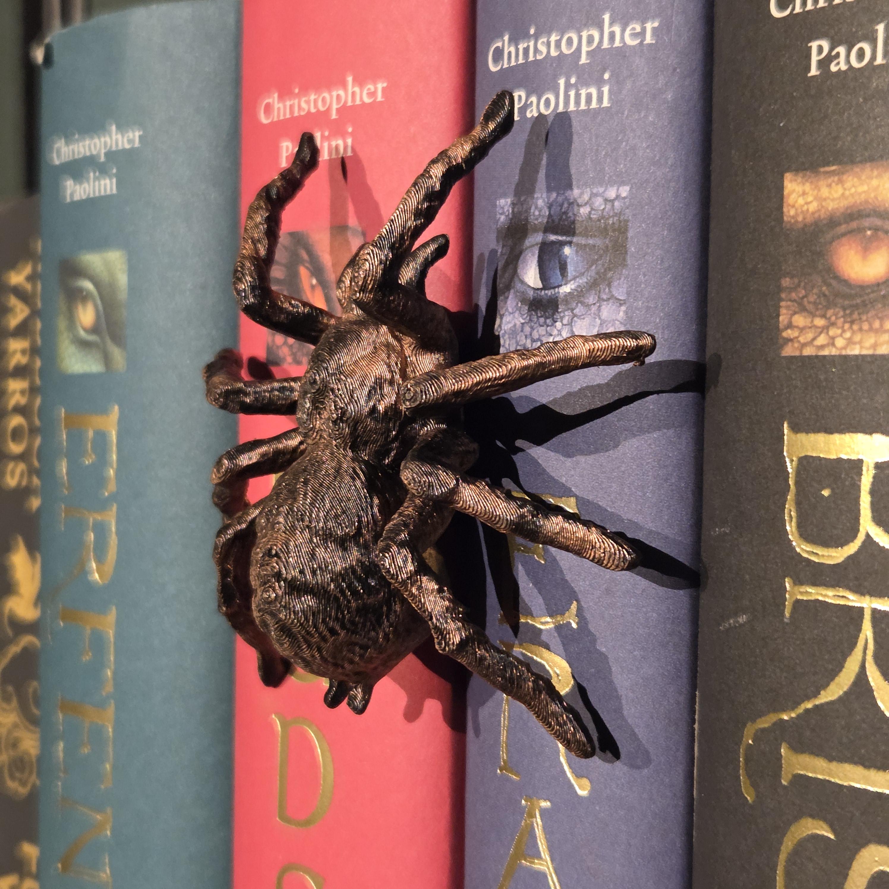 Schwarze Spinnte Spinehugger – Fantasy-Gefährte, der sich um den Buchrücken schmiegt | Fantasy-Bücherregal-Wächter