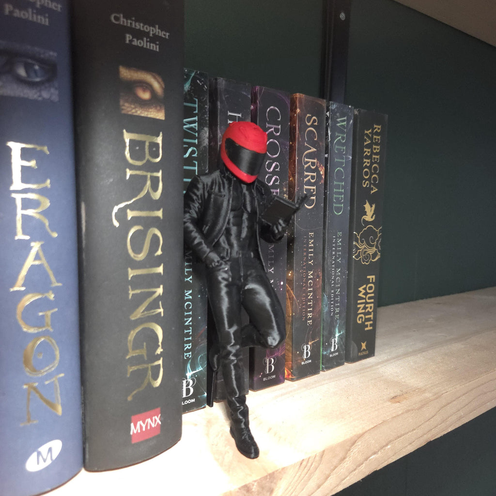 Mysterious Masked biker Reader Figurine – Dark Fantasy Miniature – Bookshelf Decor for Book Lovers – Gothic Home Decor