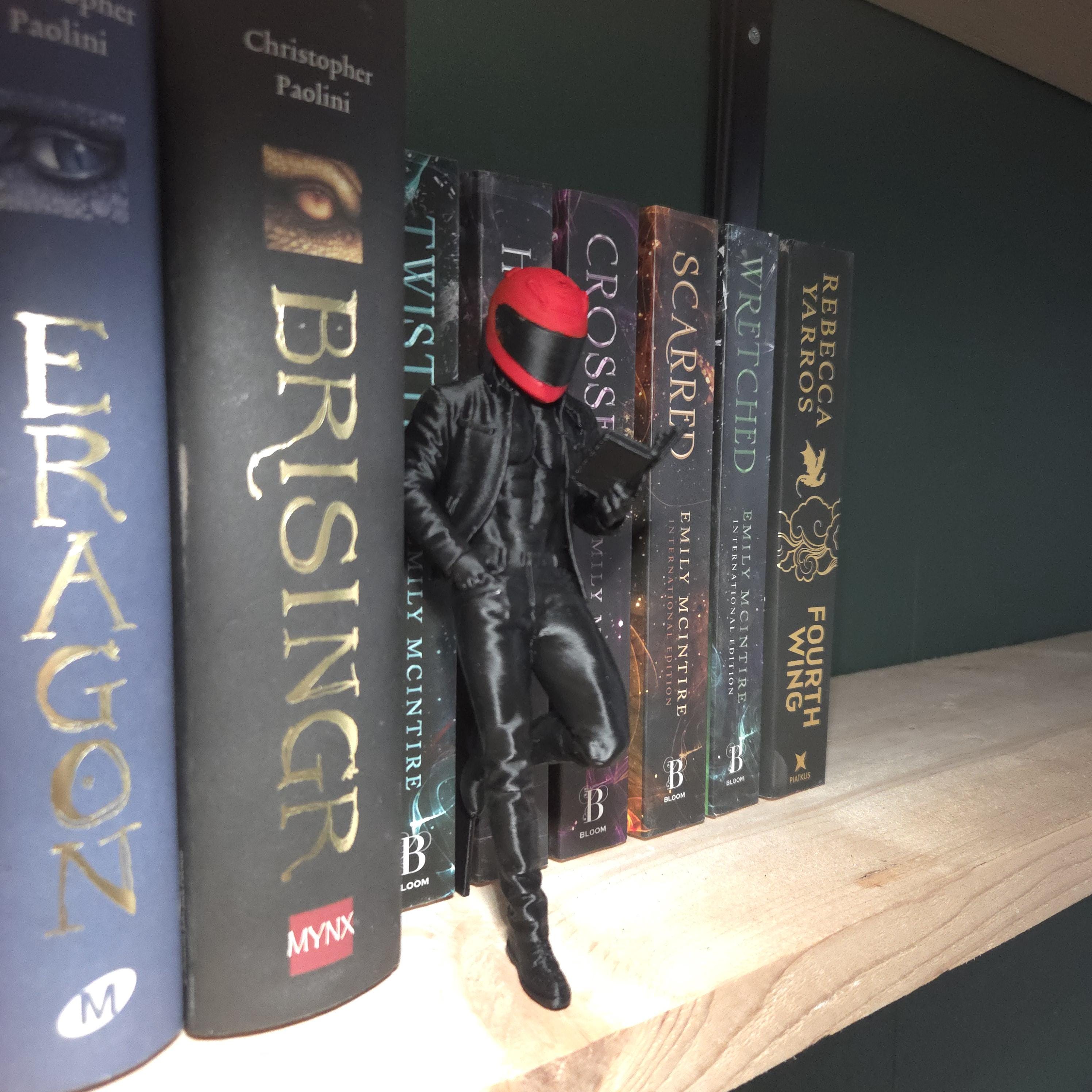 Mysterious Masked Biker Reader Figurine - Dark Fantasy Miniature - Bookshelf Decor for Book Lovers - Gothic Home Decor