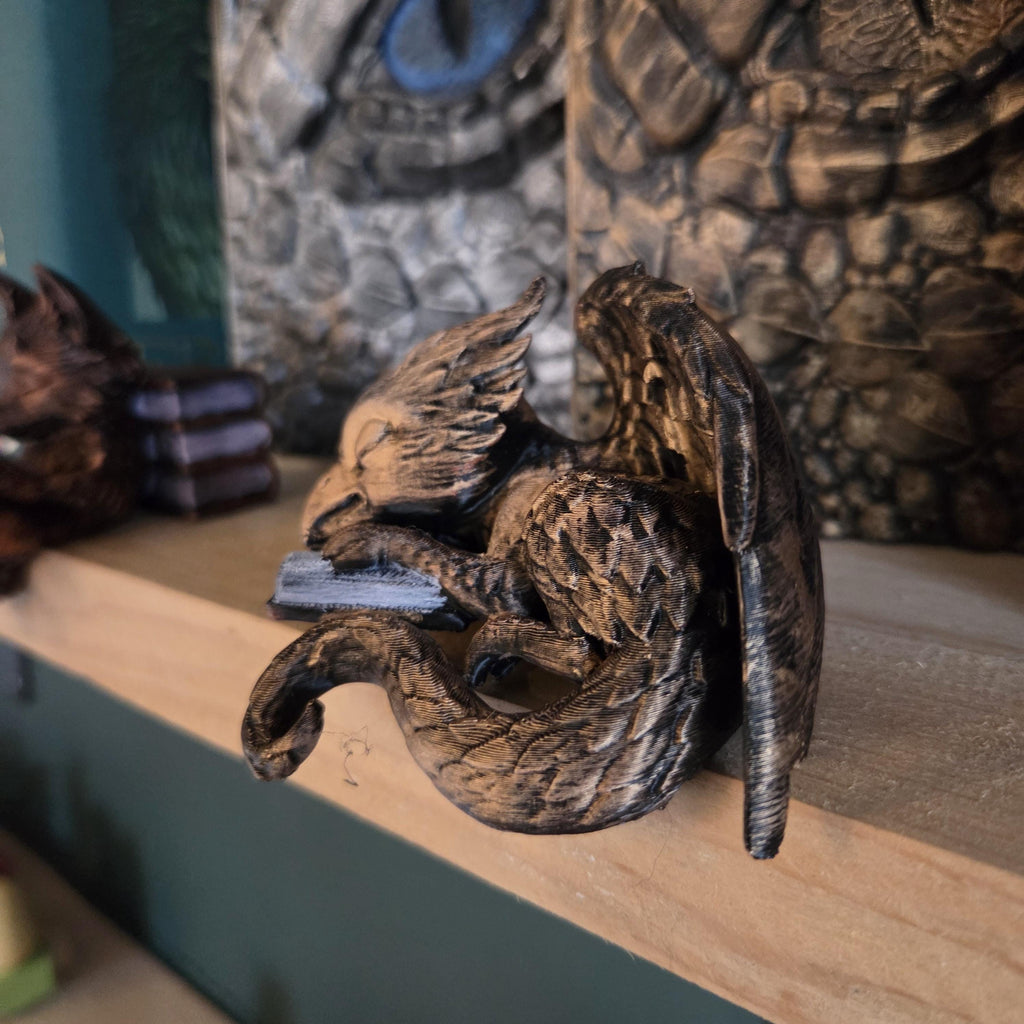 Hand-Painted Reading Griffin Figurine • Guardians of the Bookshelf • Fantasy Shelf Sitter • Book Nook Decor • Book Lover Gift
