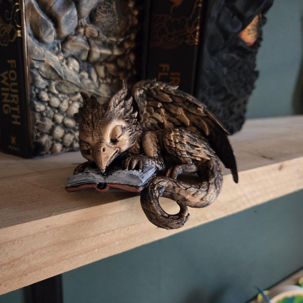 Hand-Painted Reading Griffin Figurine • Guardians of the Bookshelf • Fantasy Shelf Sitter • Book Nook Decor • Book Lover Gift