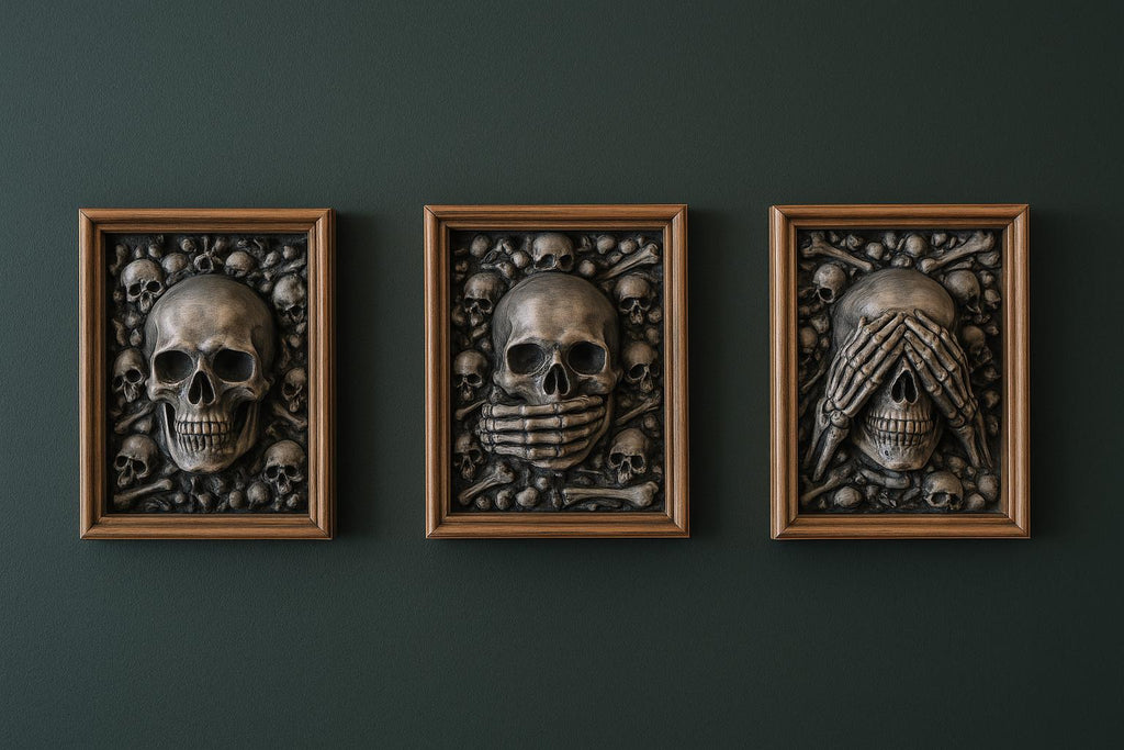 Three Wise Skulls - 3D Printed "See No Evil, Hear No Evil, Speak No Evil" Figurine Set gift for him her for Halloween