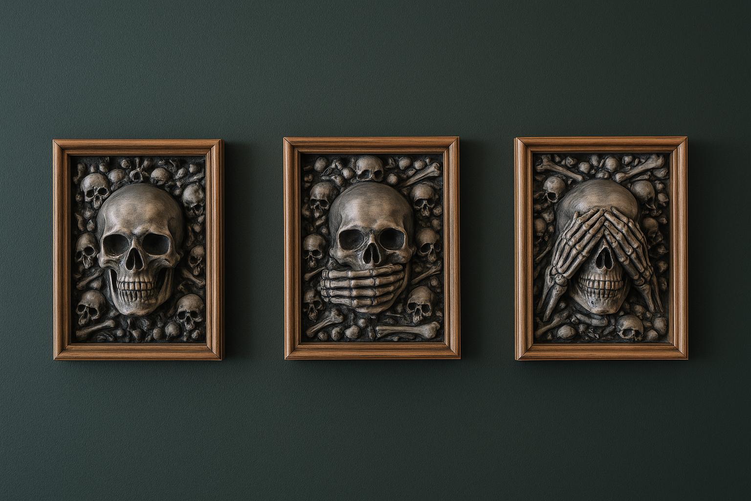 Three Wise Skulls - 3D Printed "See No Evil, Hear No Evil, Speak No Evil" Figurine Set gift for him her for Halloween