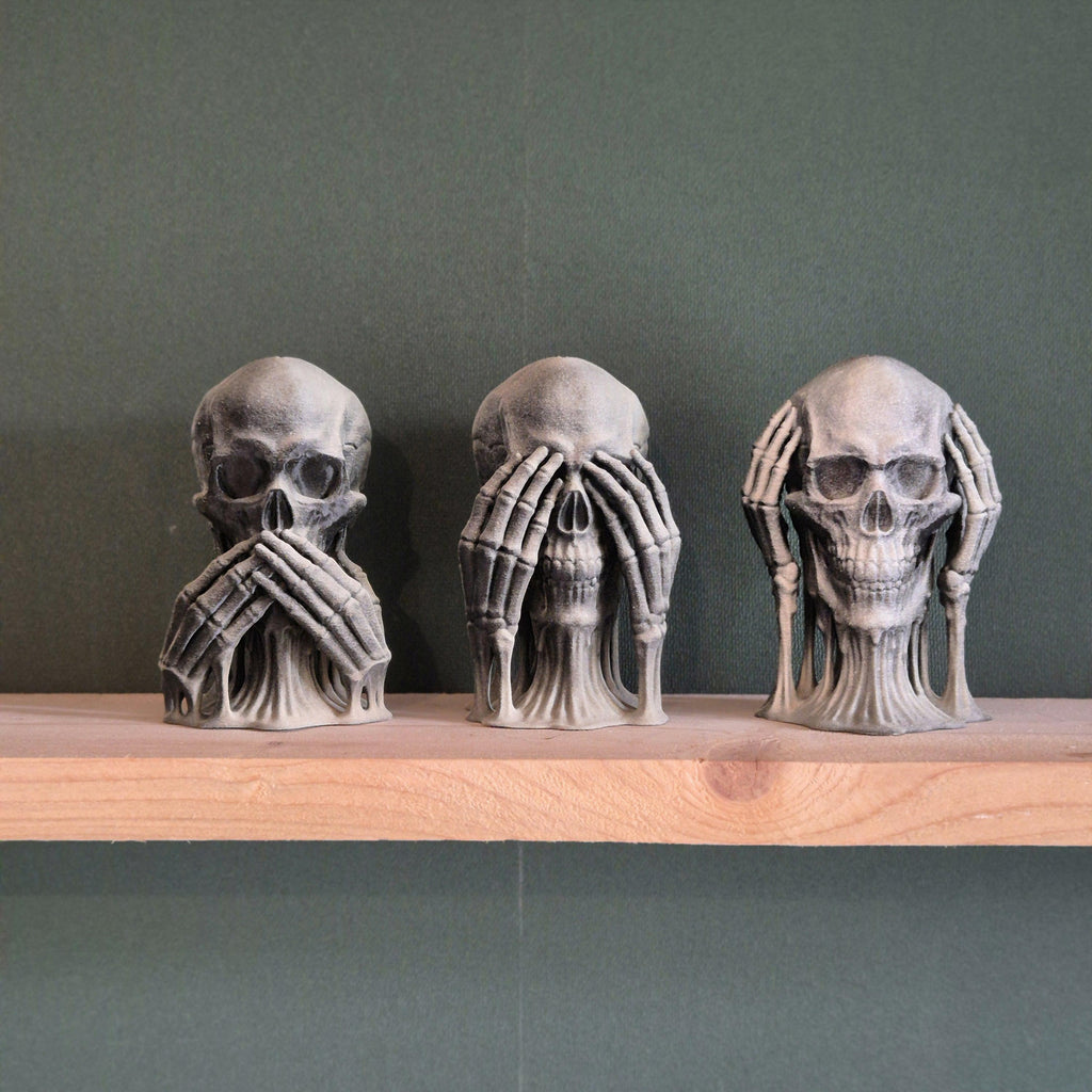 Three Wise Skulls - 3D Printed "See No Evil, Hear No Evil, Speak No Evil" Figurine Set gift for him her for Halloween