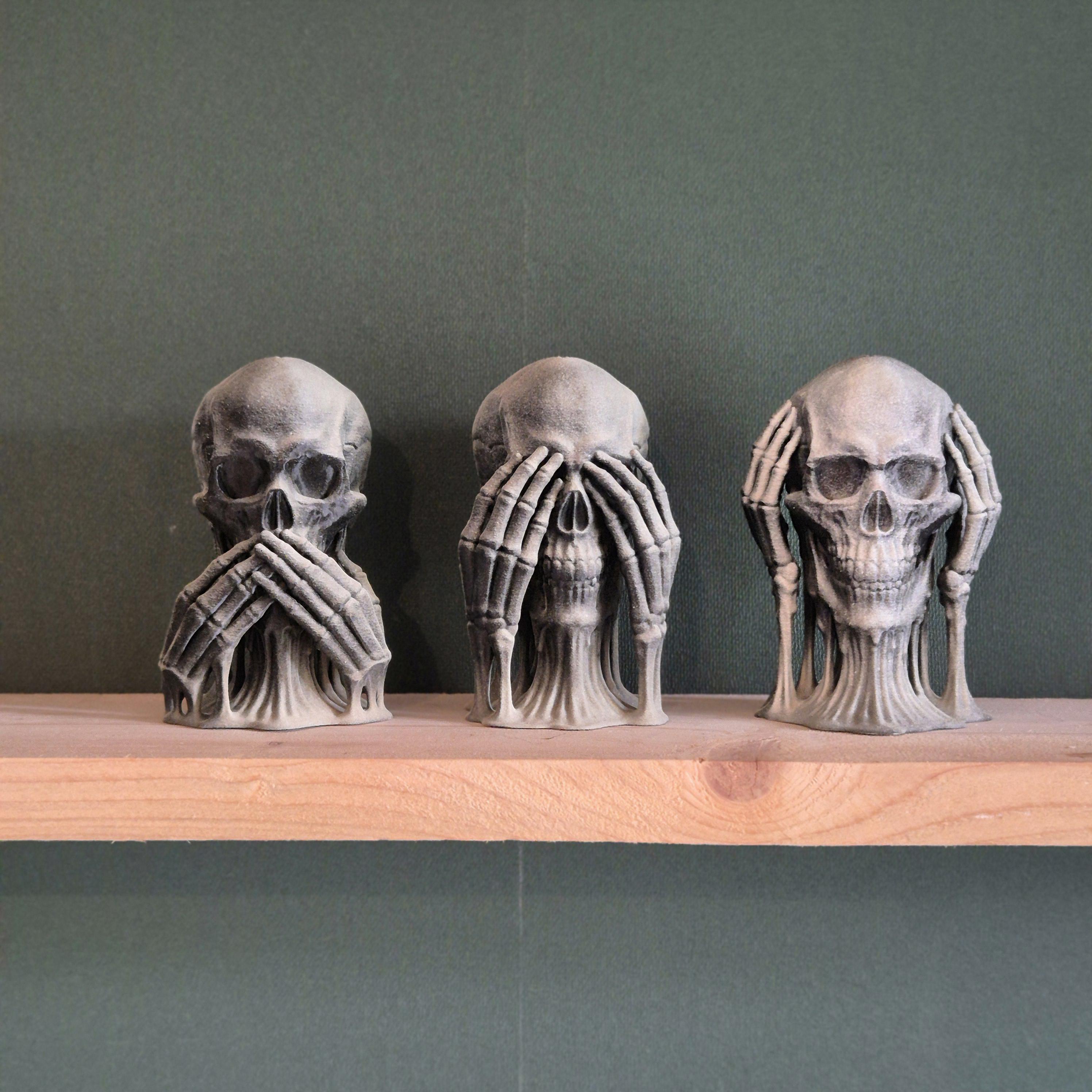 Three Wise Skulls - 3D Printed "See No Evil, Hear No Evil, Speak No Evil" Figurine Set gift for him her for Halloween