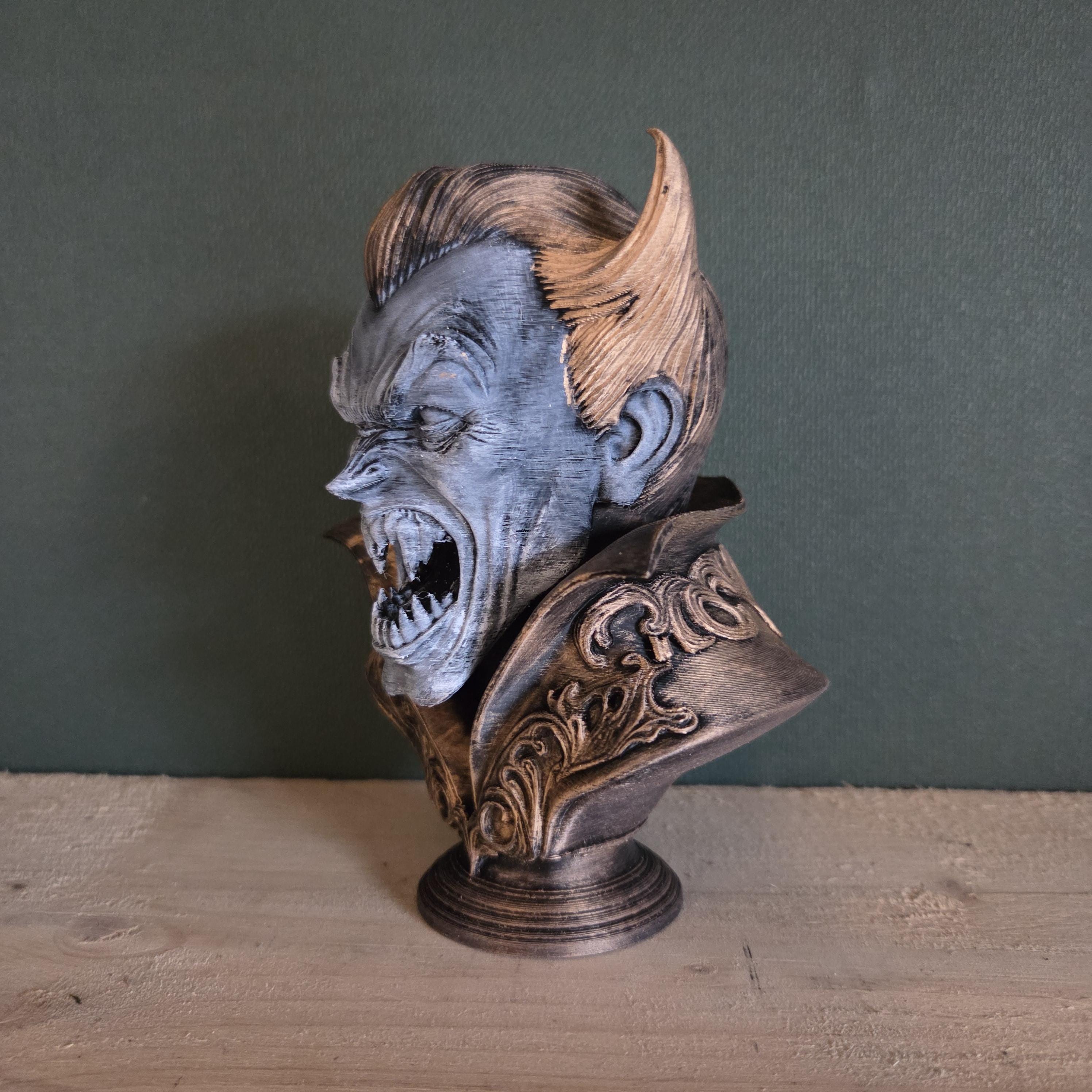 Vampirdämonenbüste – gehörnte Fantasy-Skulptur mit verziertem Kragen – handgemachte gotische Display-Statue