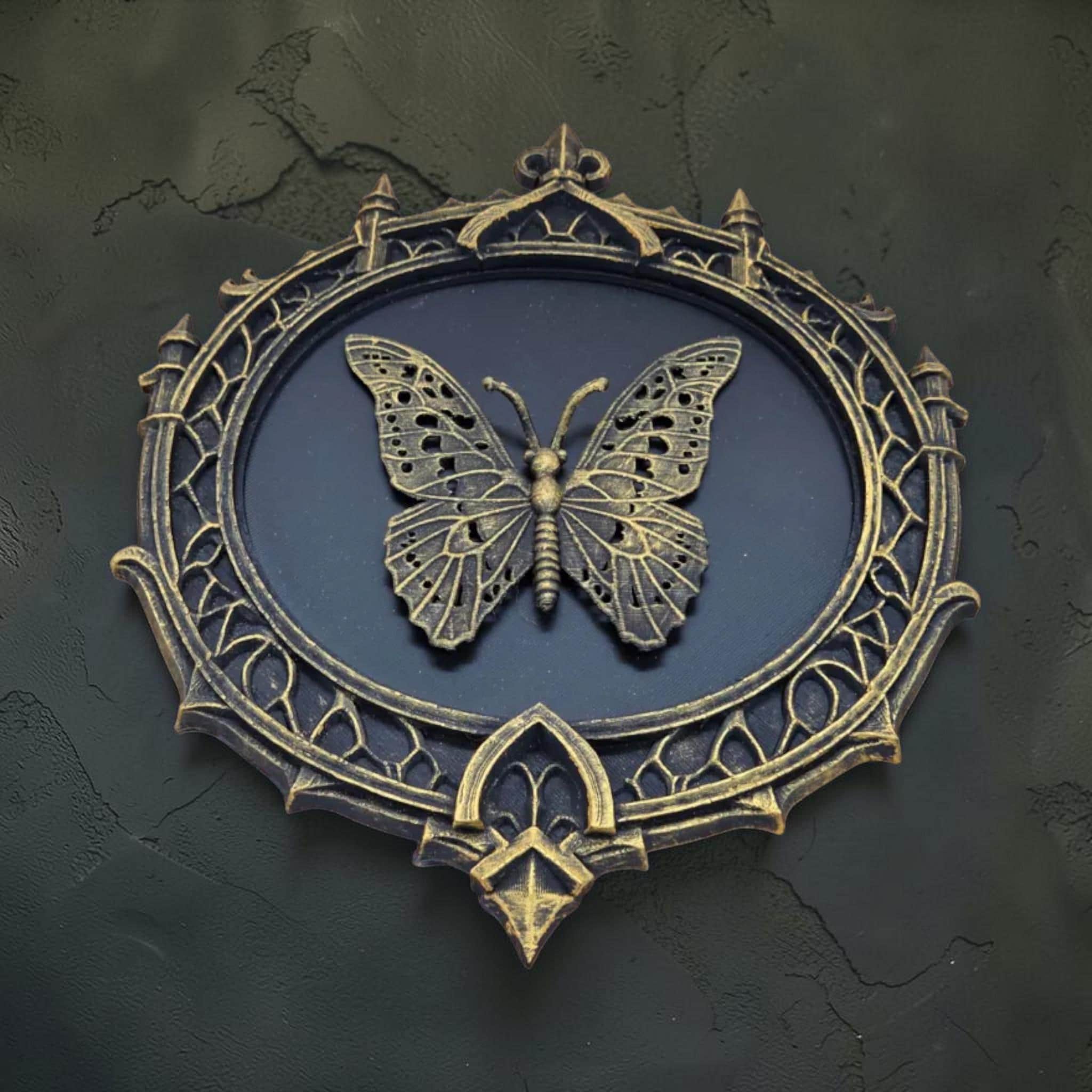Butterfly wall plaque in gothic frame | baroque insect wall decor