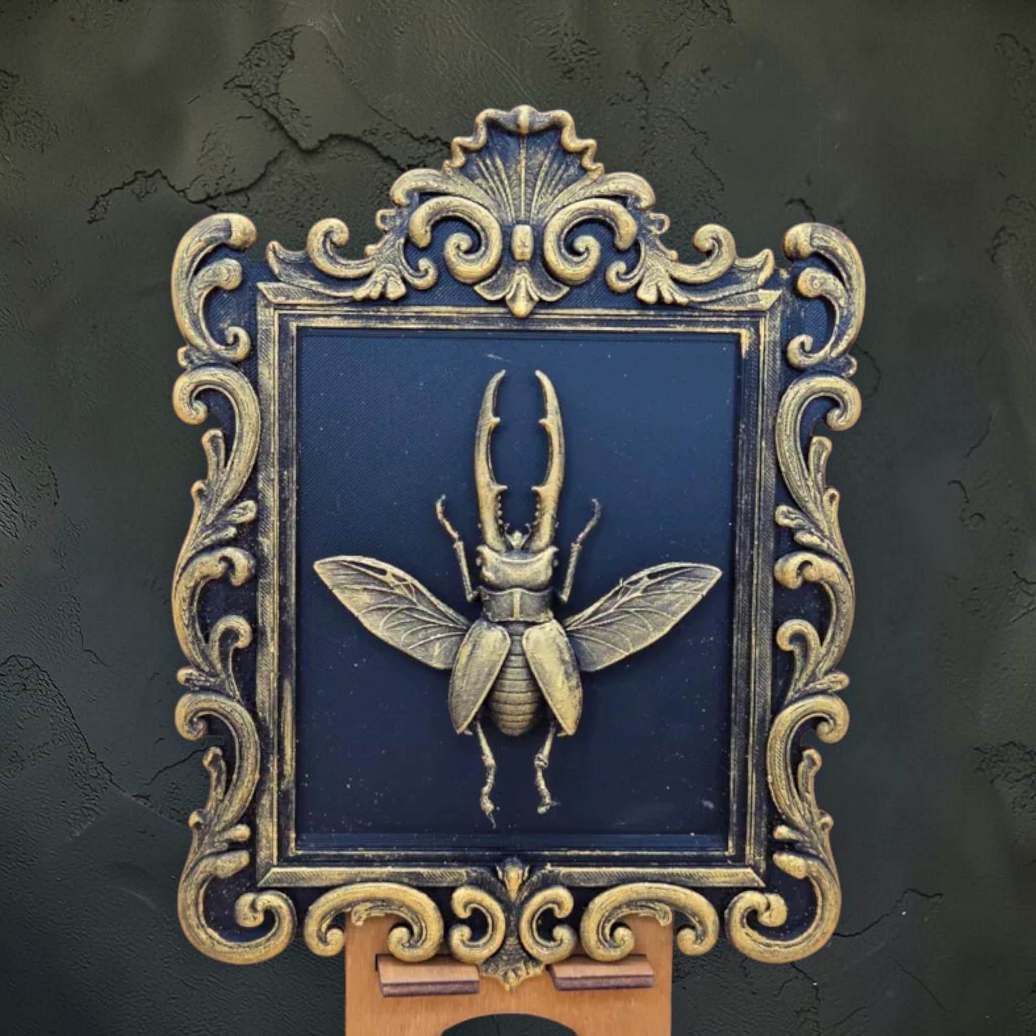 Stag beetle wall plaque in baroque frame | insect gothic wall decor