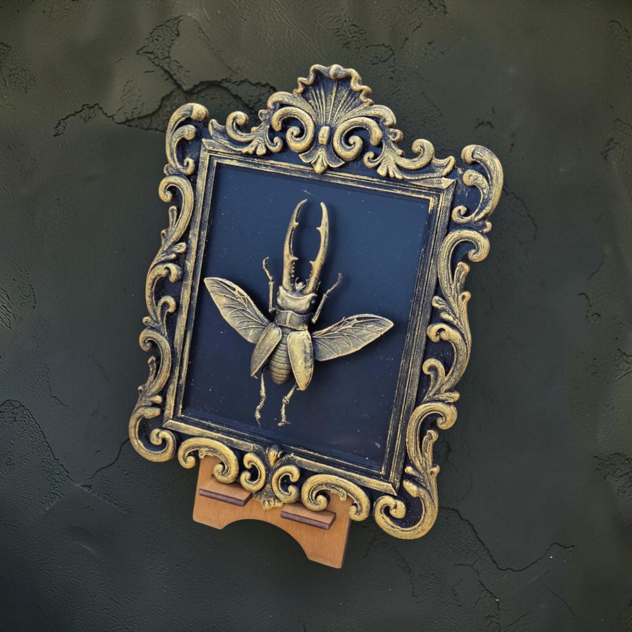 Stag beetle wall plaque in baroque frame | insect gothic wall decor