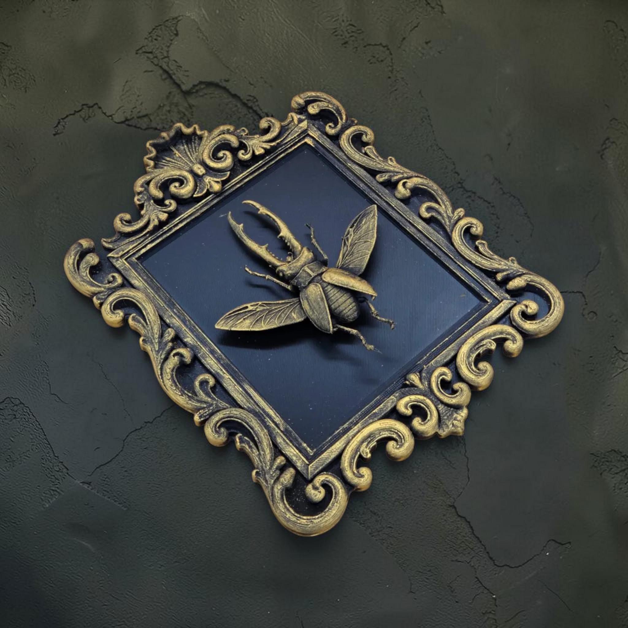 Stag beetle wall plaque in baroque frame | insect gothic wall decor