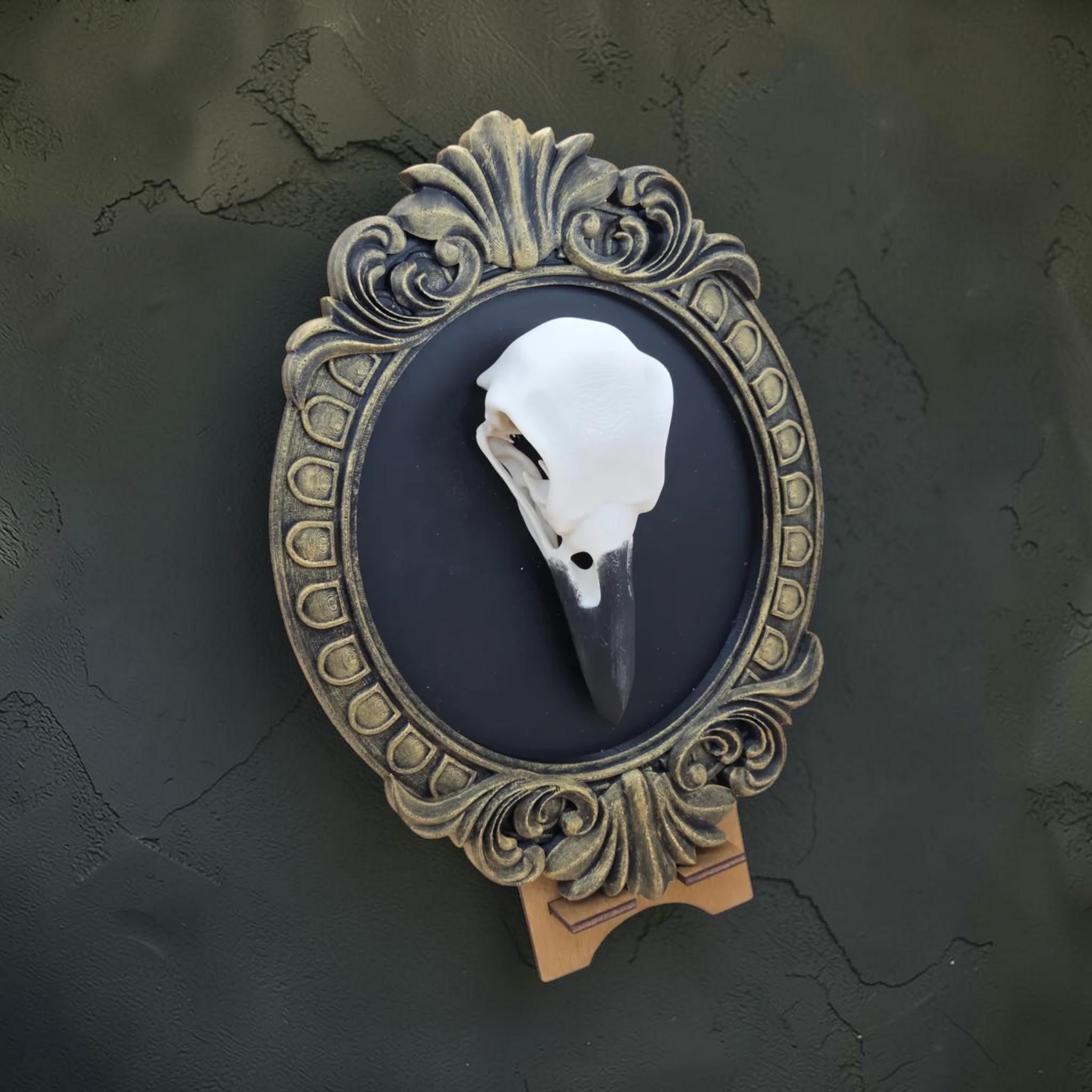 Raven skull wall plaque in baroque frame | gothic bird skull decor