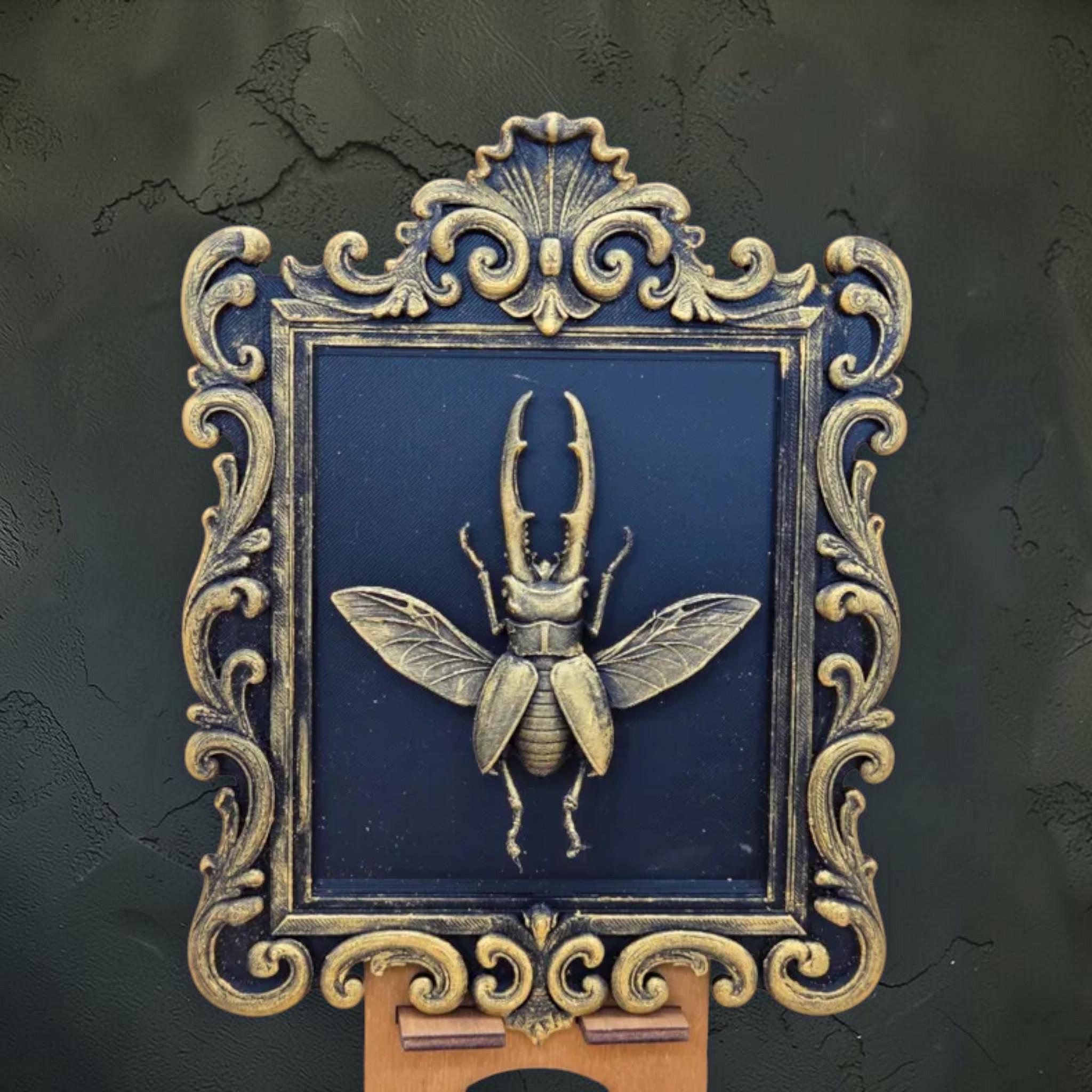 Stag beetle wall plaque in baroque frame | insect gothic wall decor