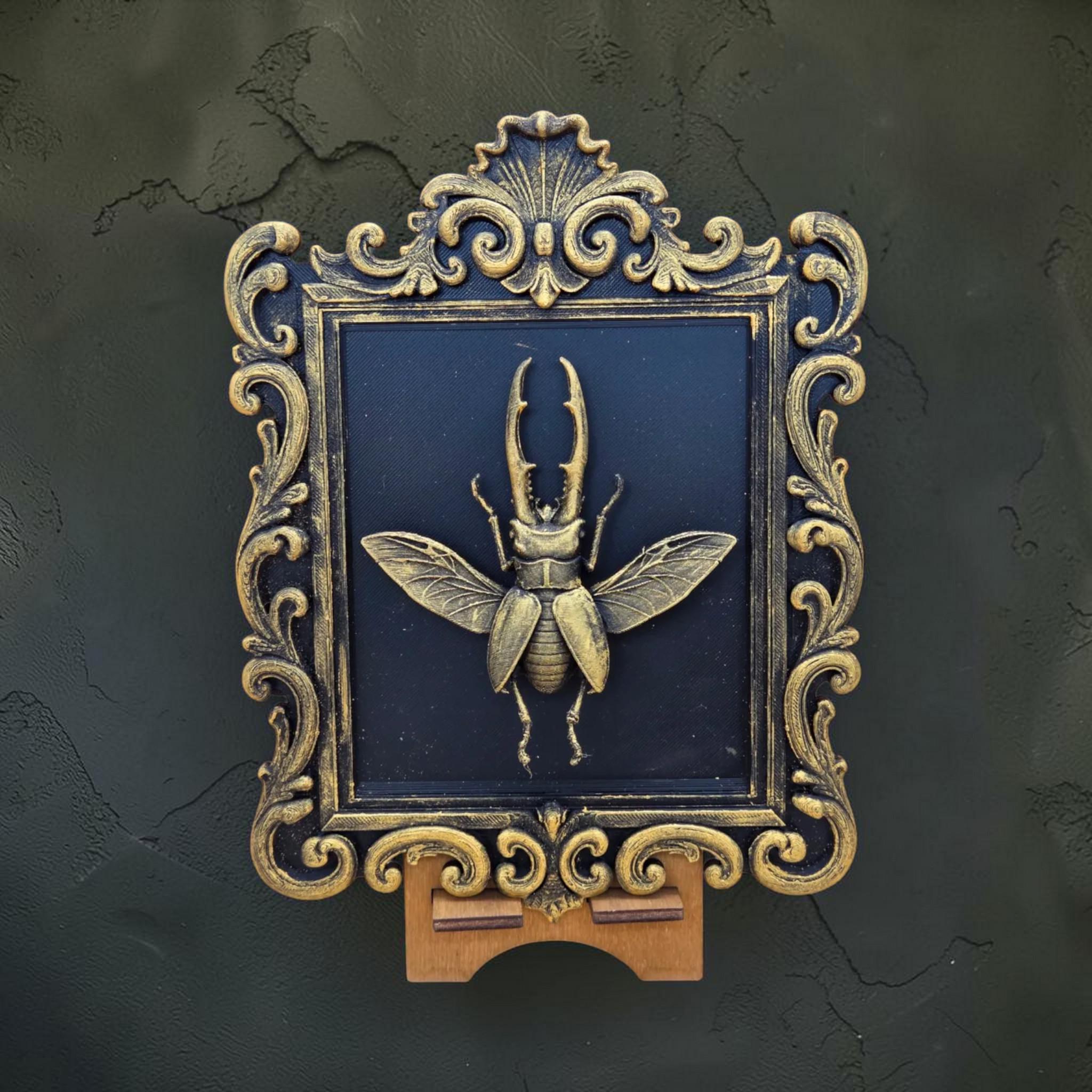 Stag beetle wall plaque in baroque frame | insect gothic wall decor