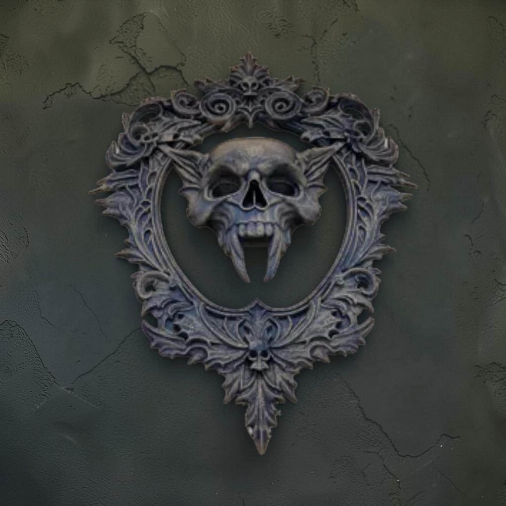 Gothic skull wall plaque in ornate frame | dark baroque wall decor
