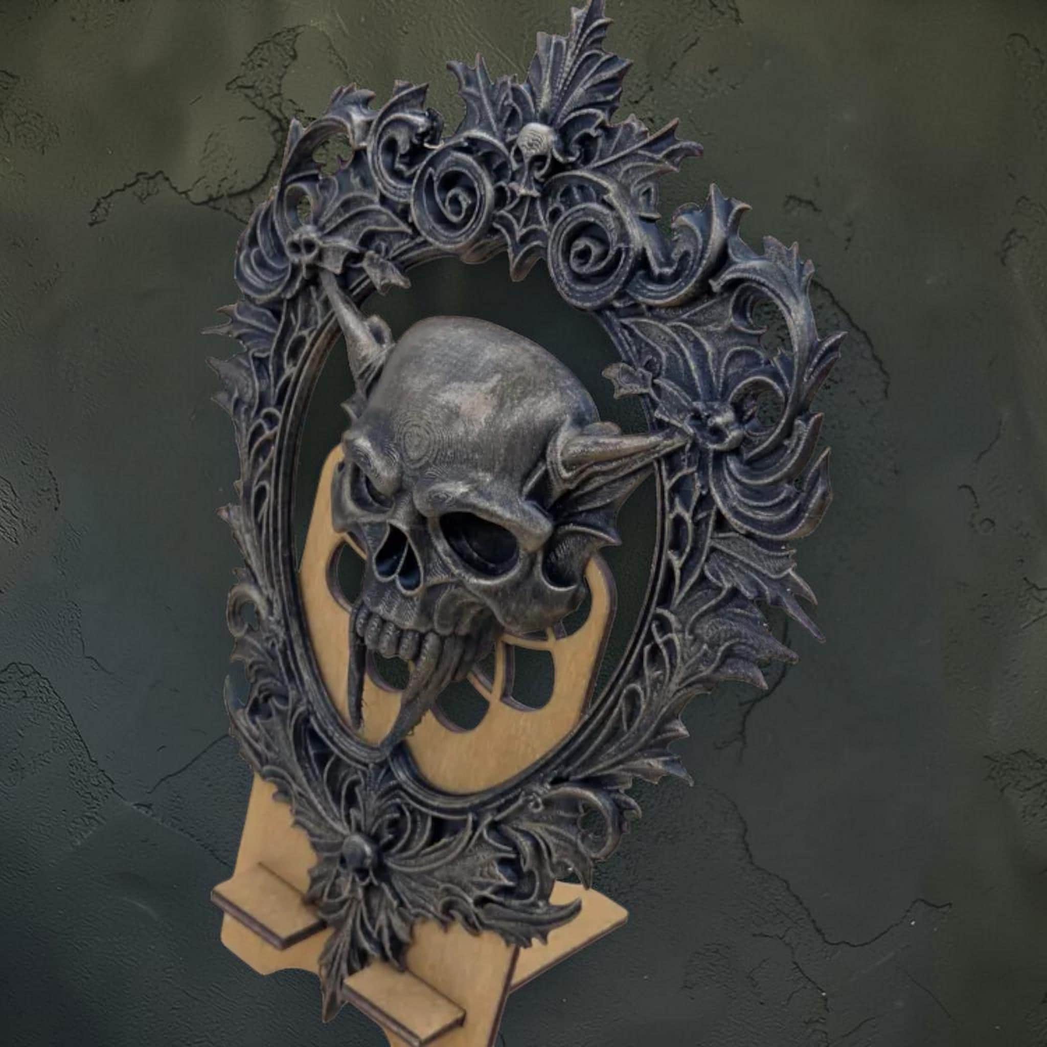 Gothic skull wall plaque in ornate frame | dark baroque wall decor