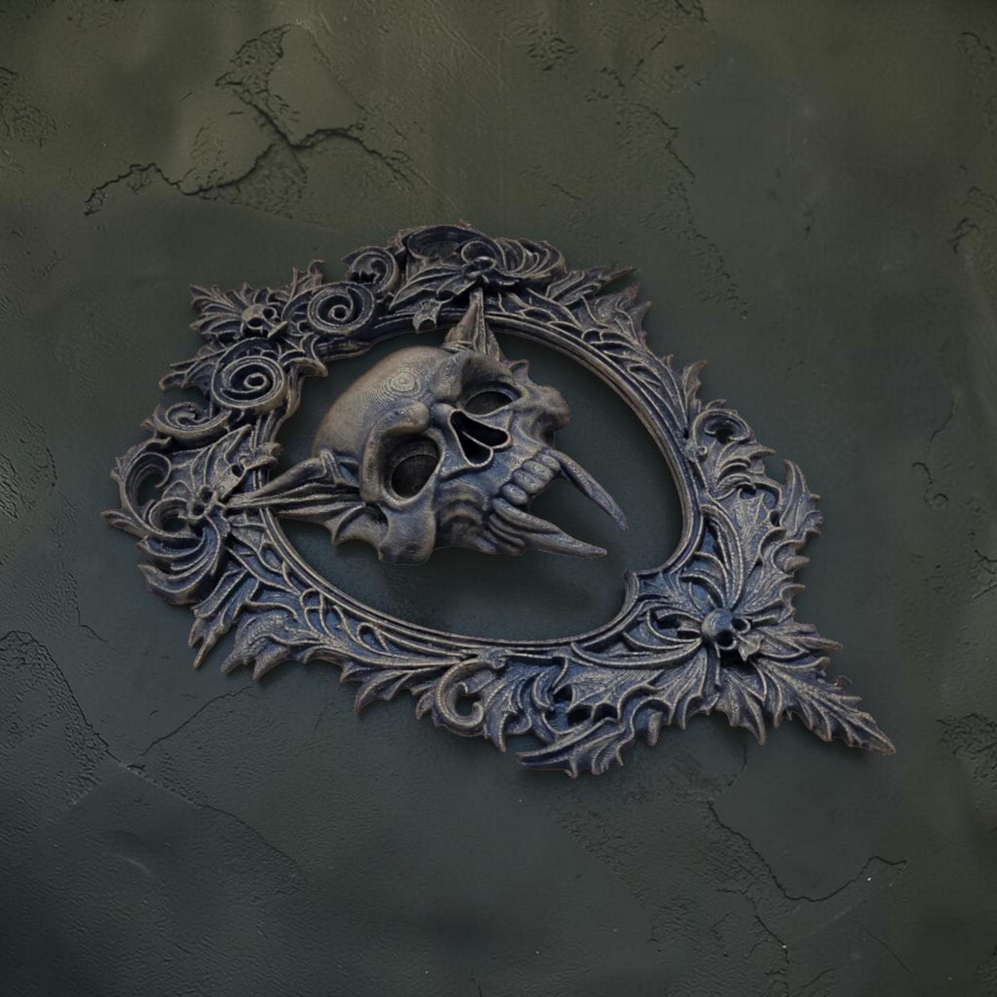 Gothic skull wall plaque in ornate frame | dark baroque wall decor