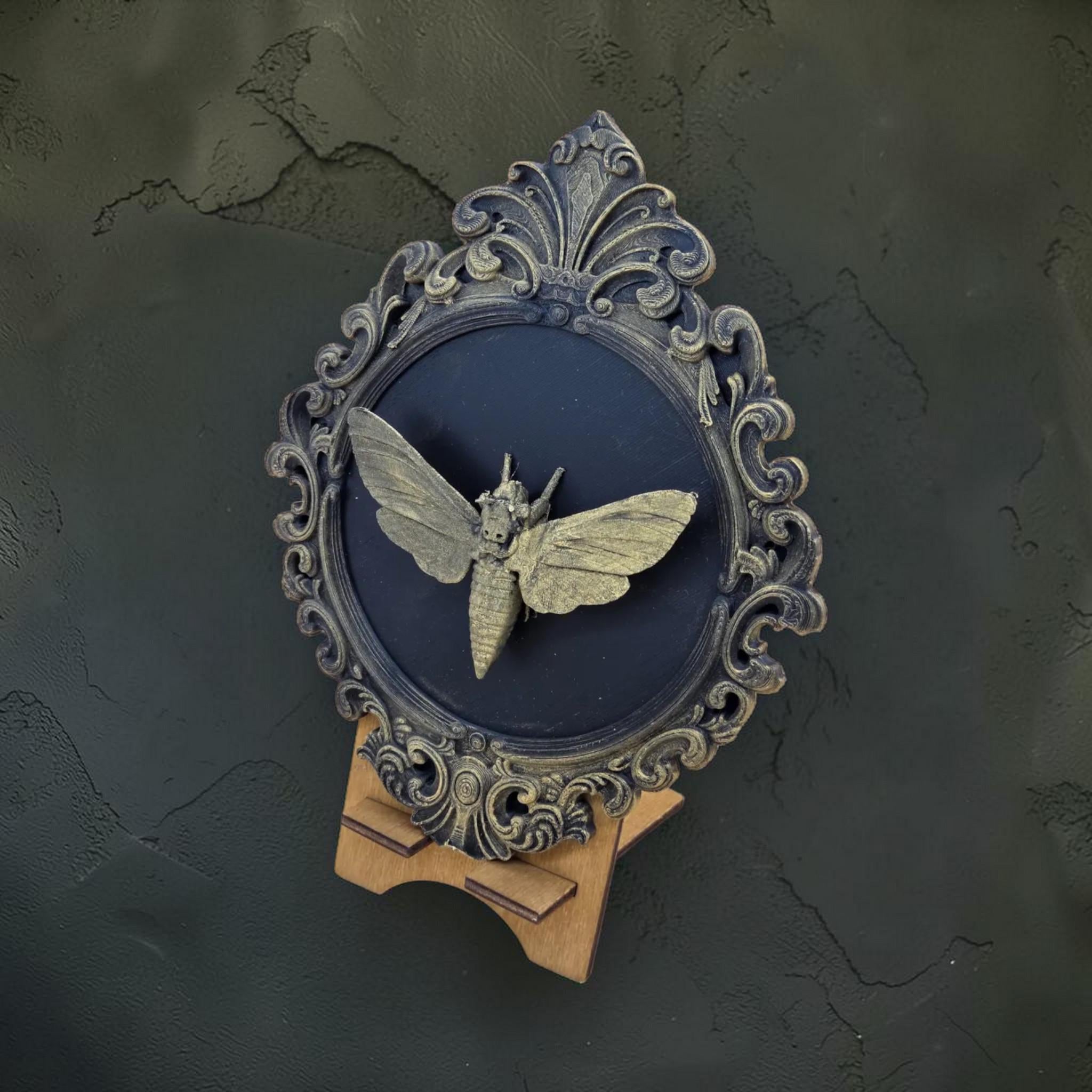 Skull moth wall plaque in baroque frame | gothic moth wall decor