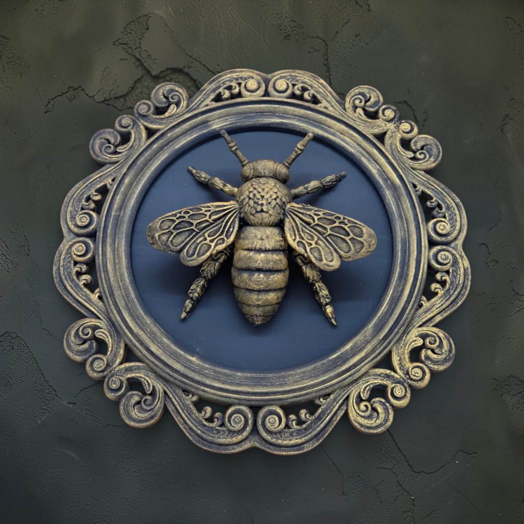Bee wall plaque in ornate frame | vintage insect wall decor