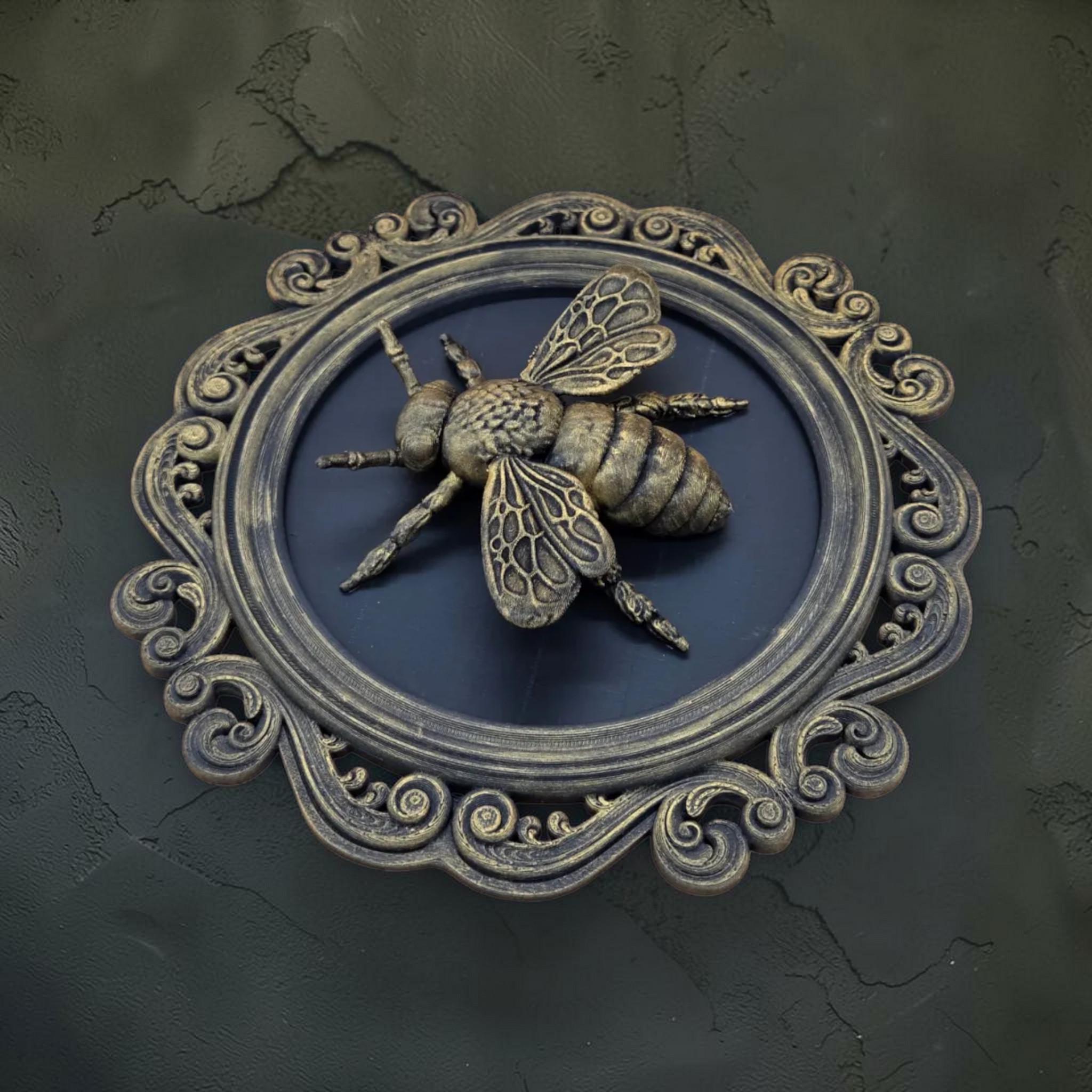 Bee wall plaque in ornate frame | vintage insect wall decor
