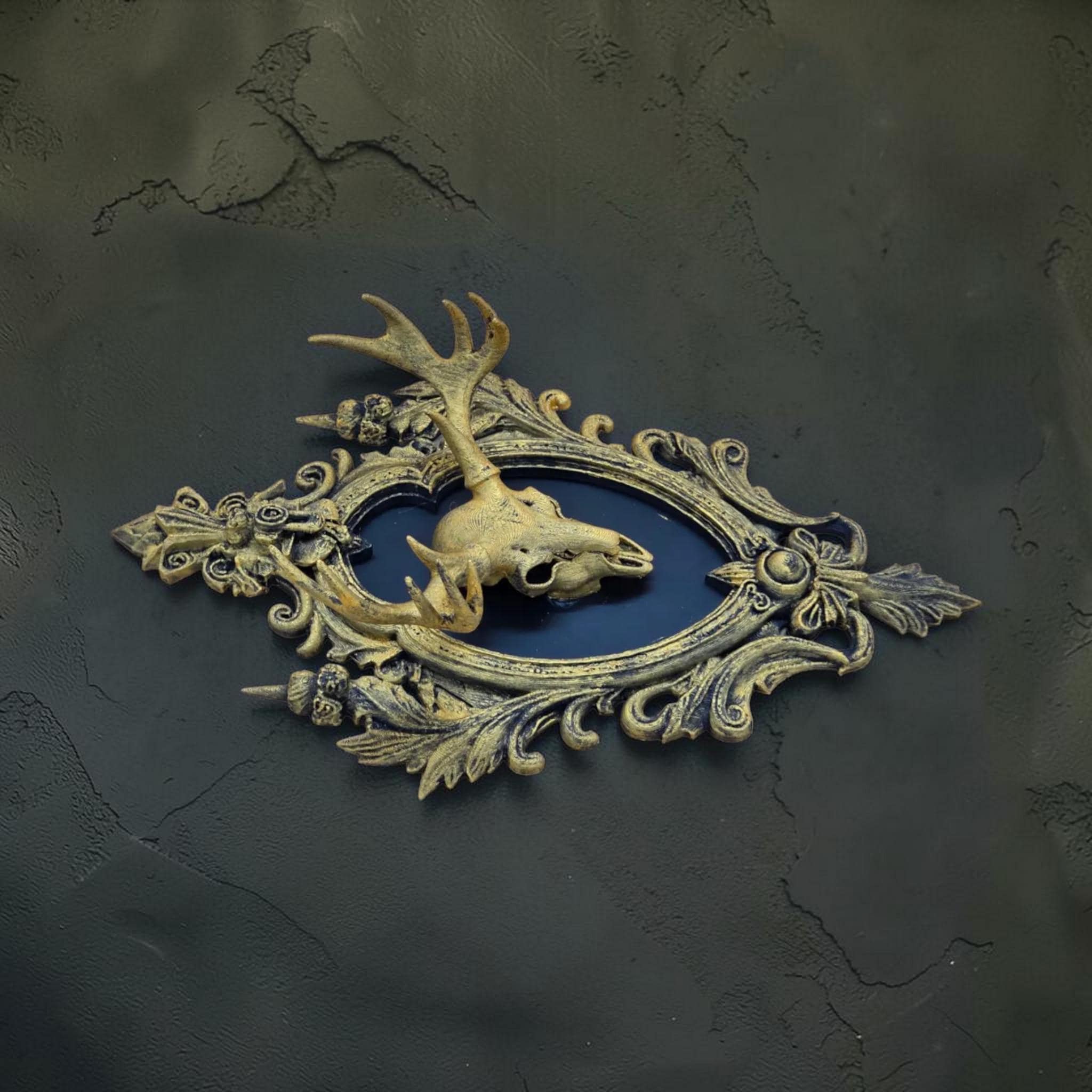 Deer skull wall plaque in baroque frame | gothic skull wall decor