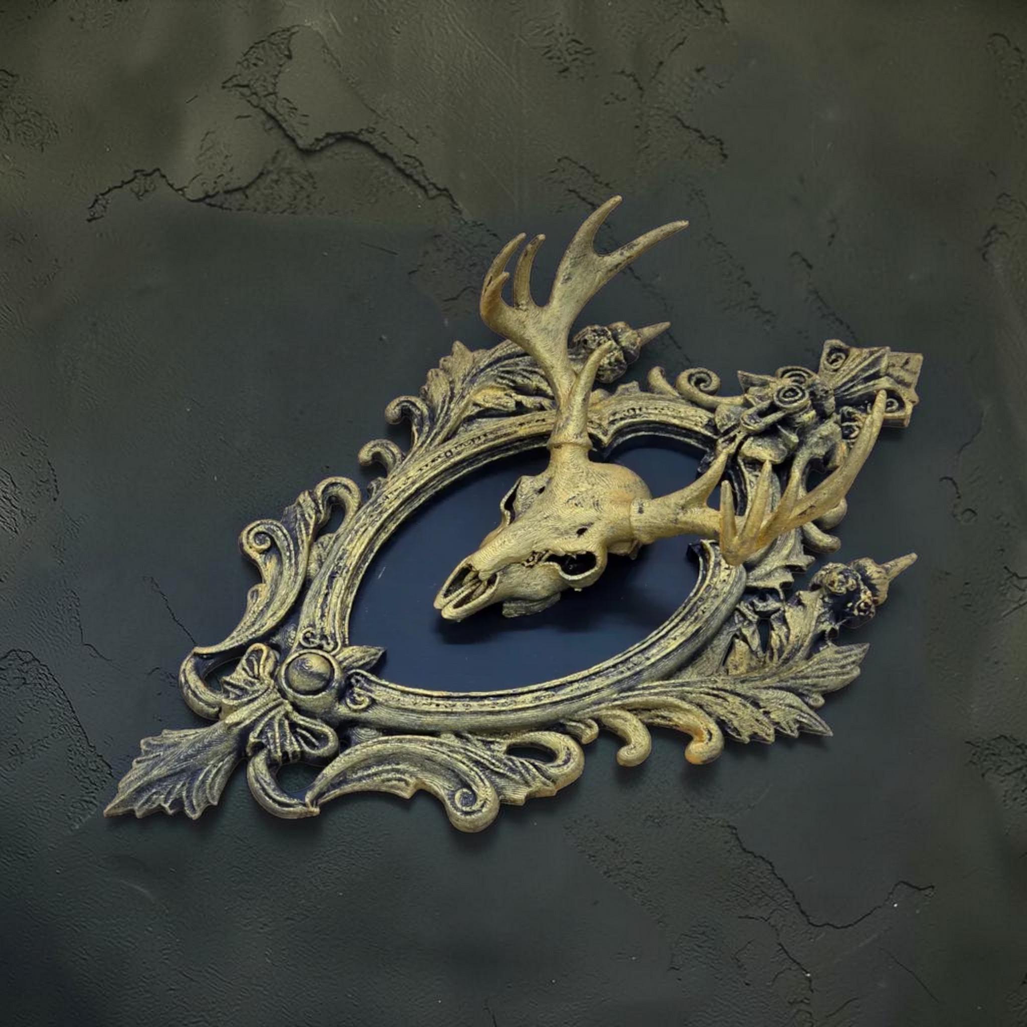 Deer skull wall plaque in baroque frame | gothic skull wall decor