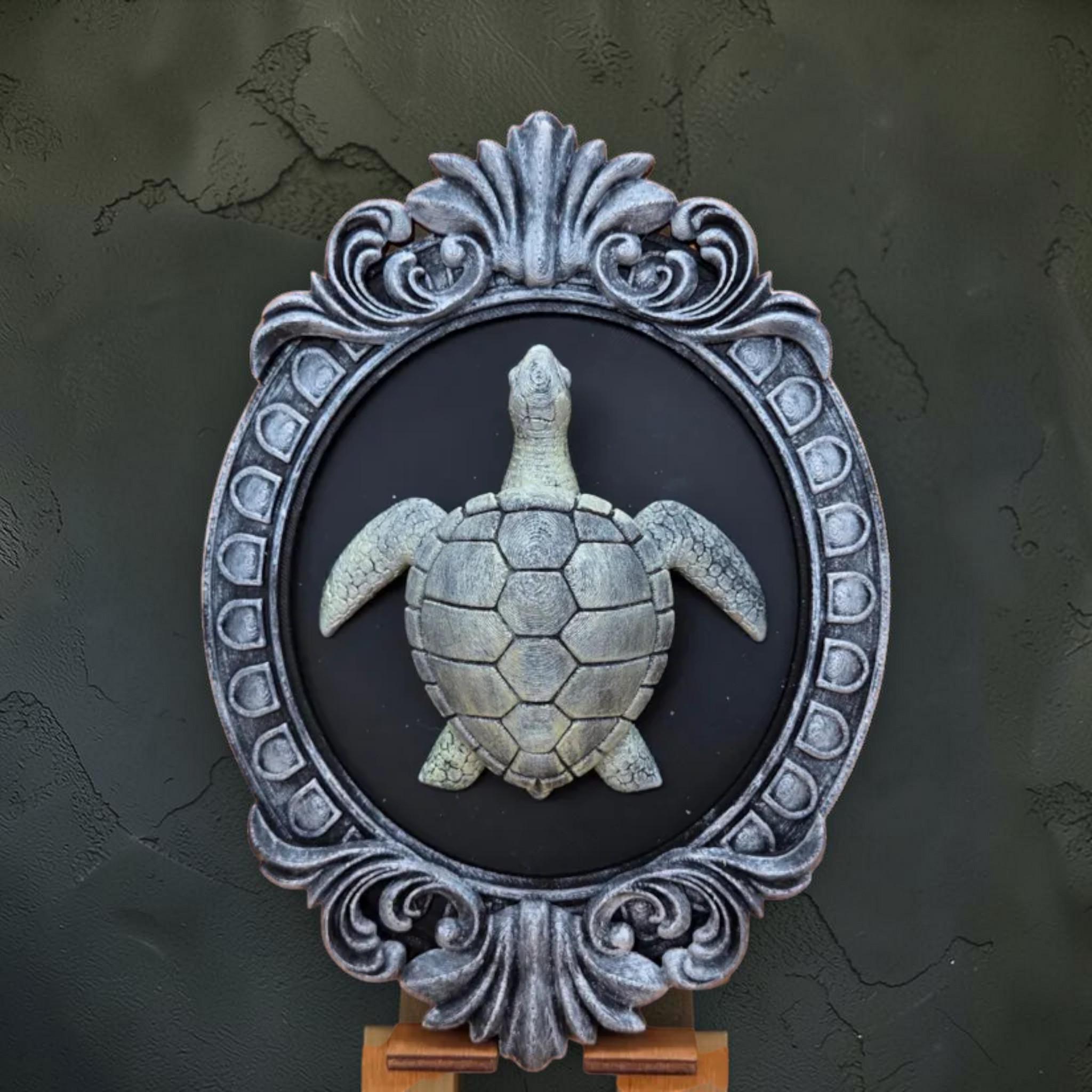 Turtle wall plaque in ornate frame | coastal nature wall decor