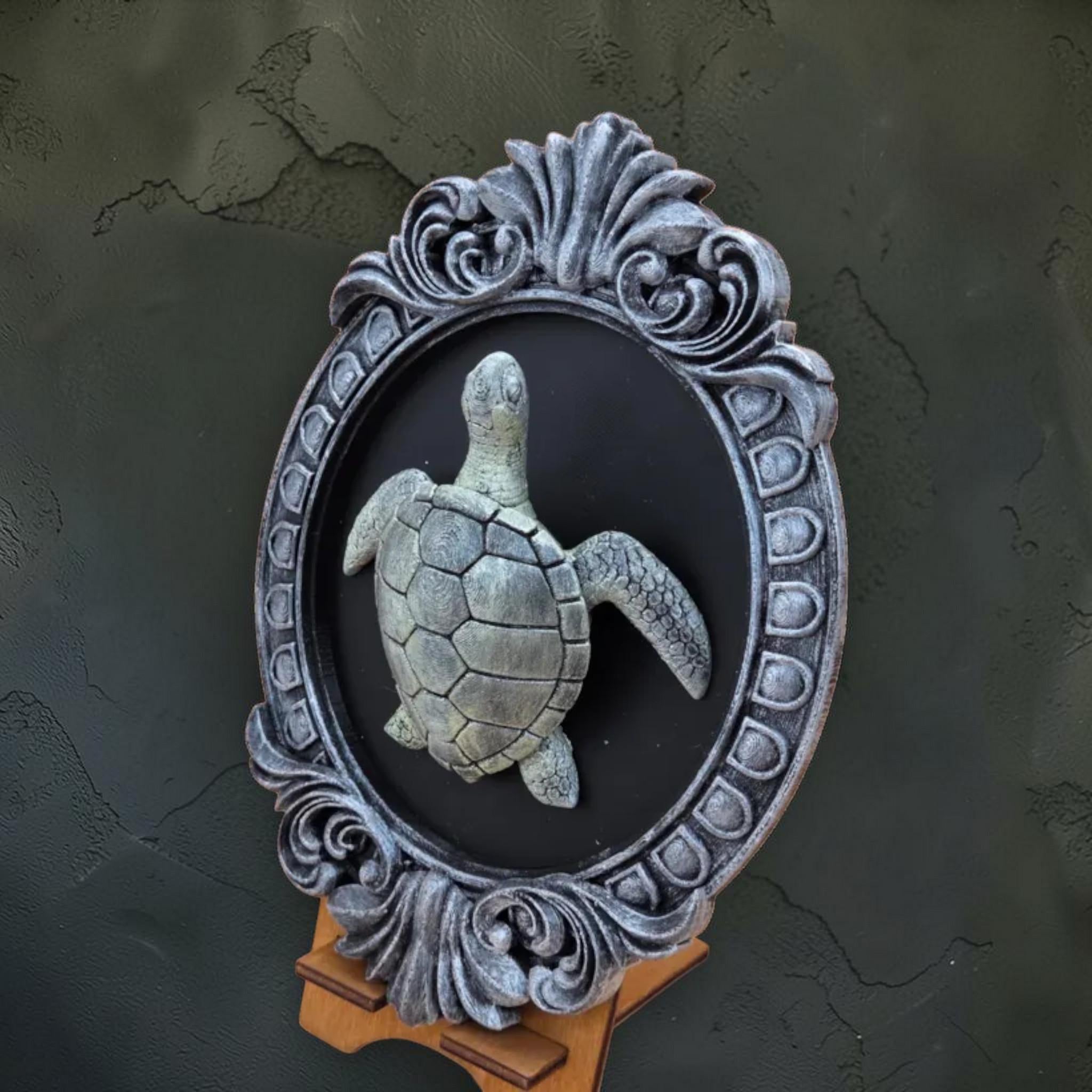 Turtle wall plaque in ornate frame | coastal nature wall decor