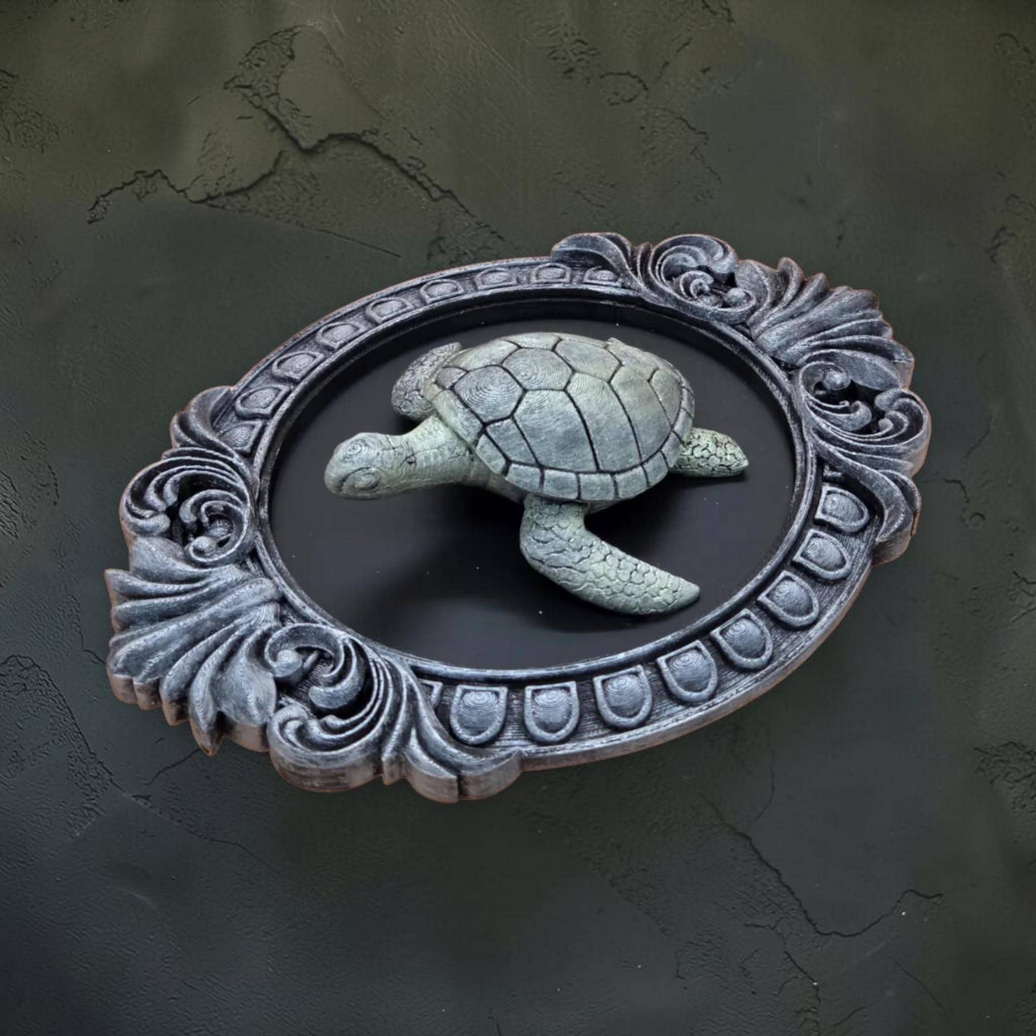 Turtle wall plaque in ornate frame | coastal nature wall decor