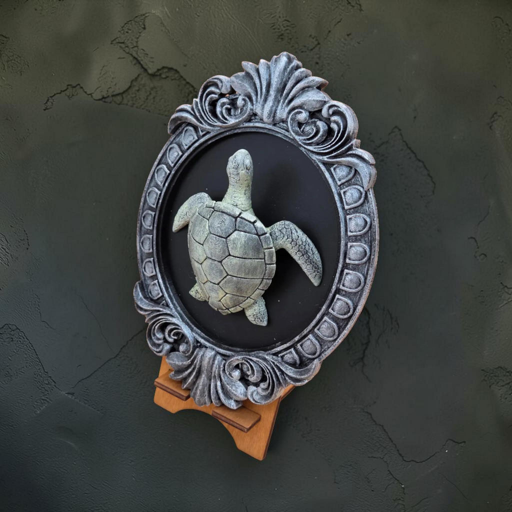 Turtle wall plaque in ornate frame | coastal nature wall decor