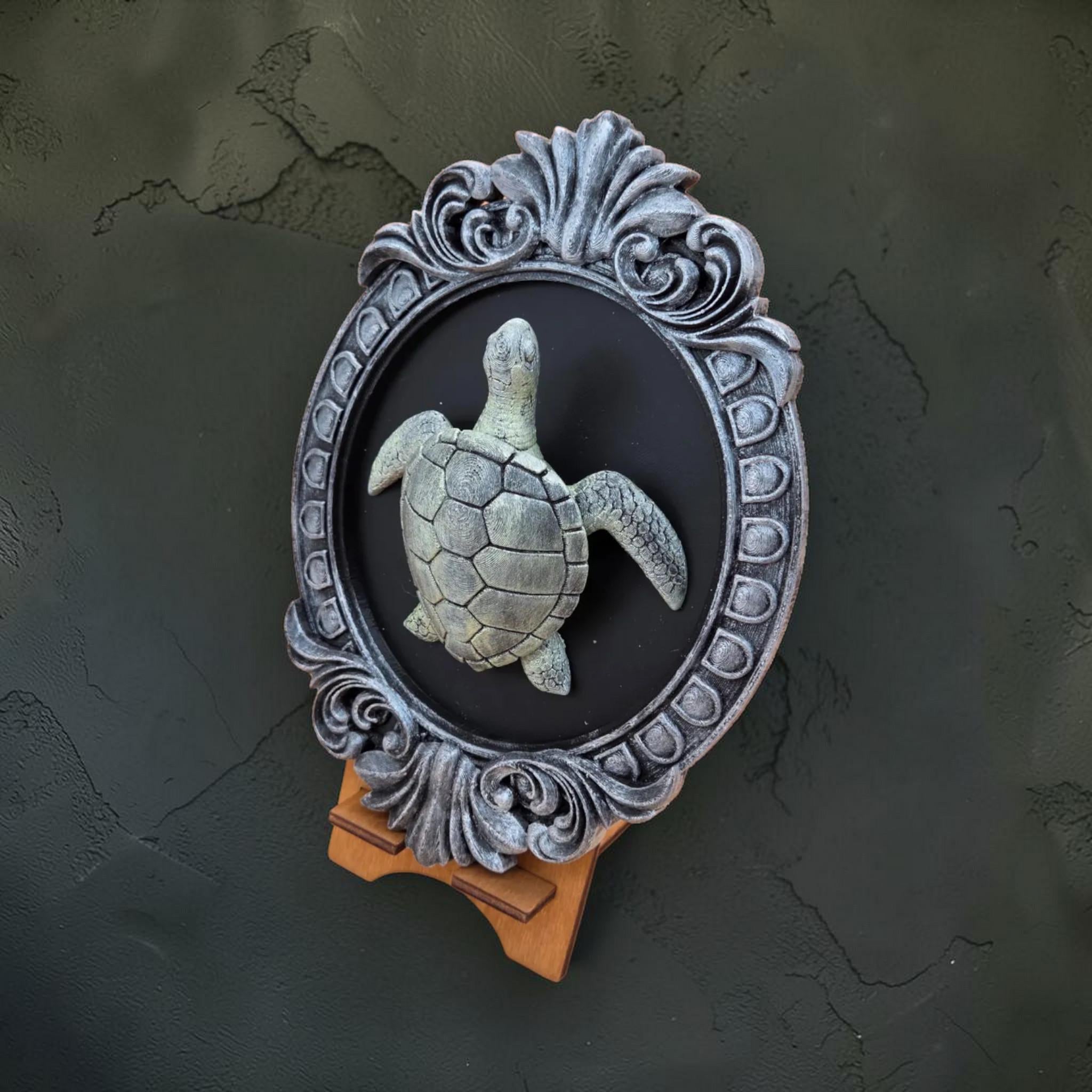 Turtle wall plaque in ornate frame | coastal nature wall decor