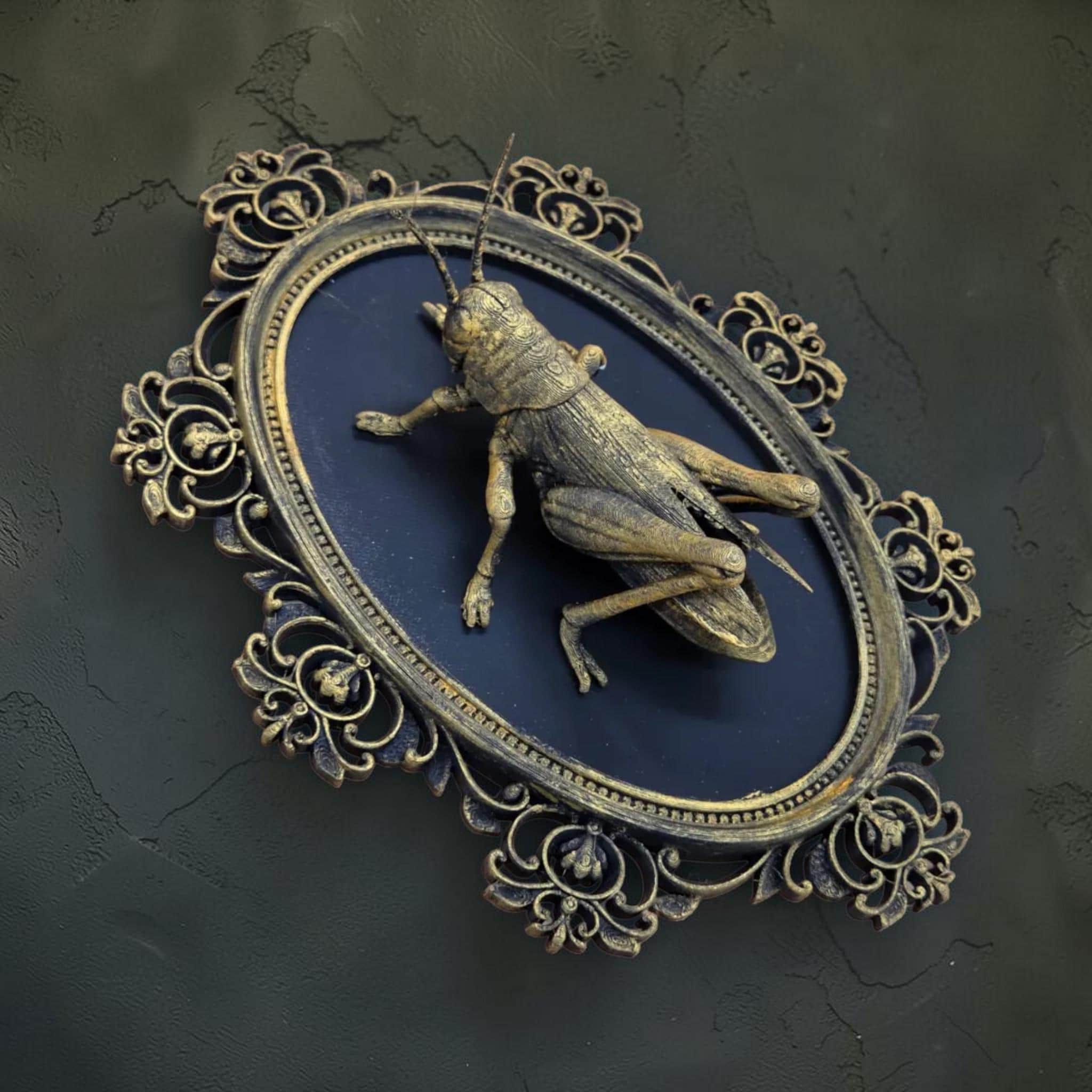 Grasshopper wall plaque in ornate frame | vintage insect wall decor