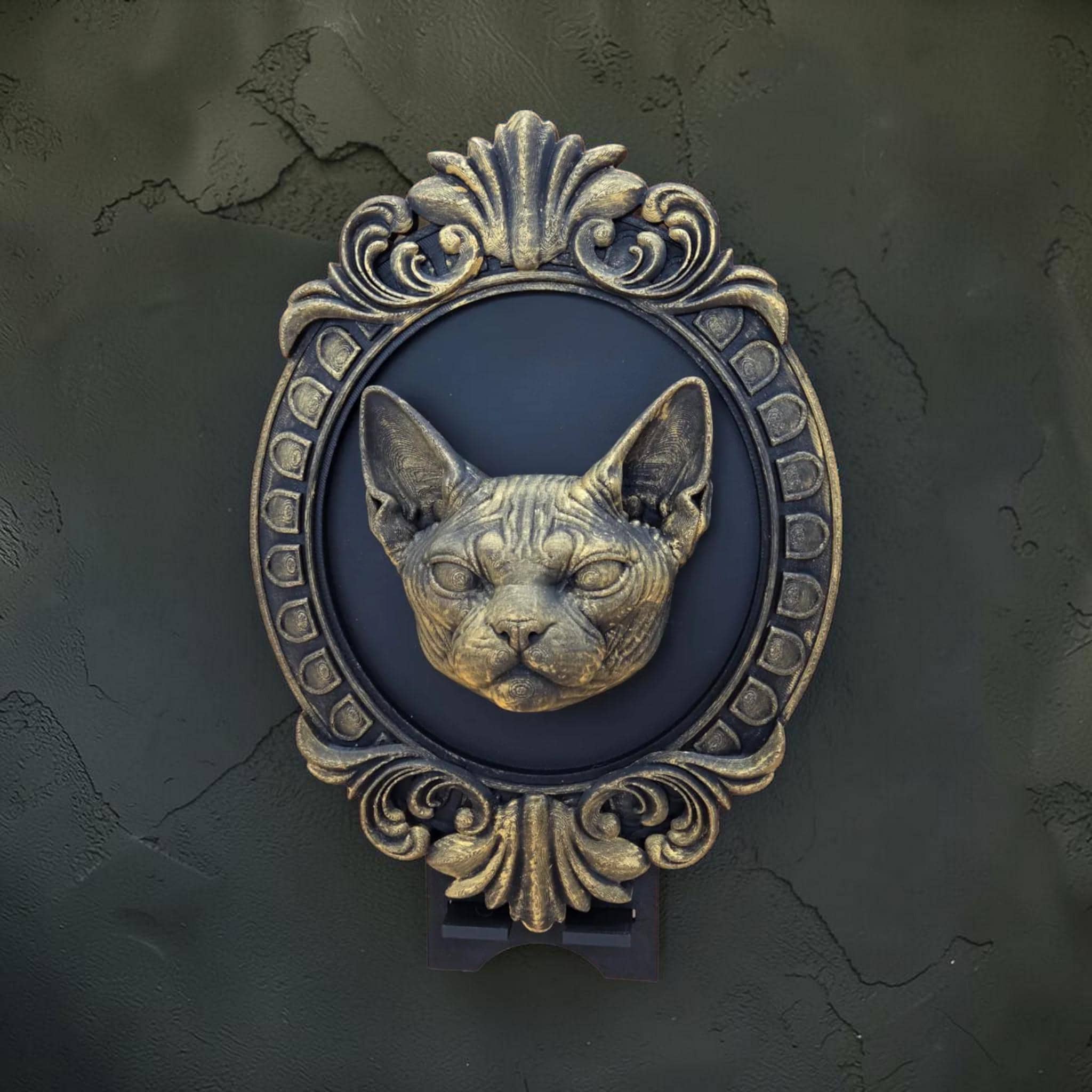 Sphynx cat wall plaque in baroque frame | Gothic cat wall decor